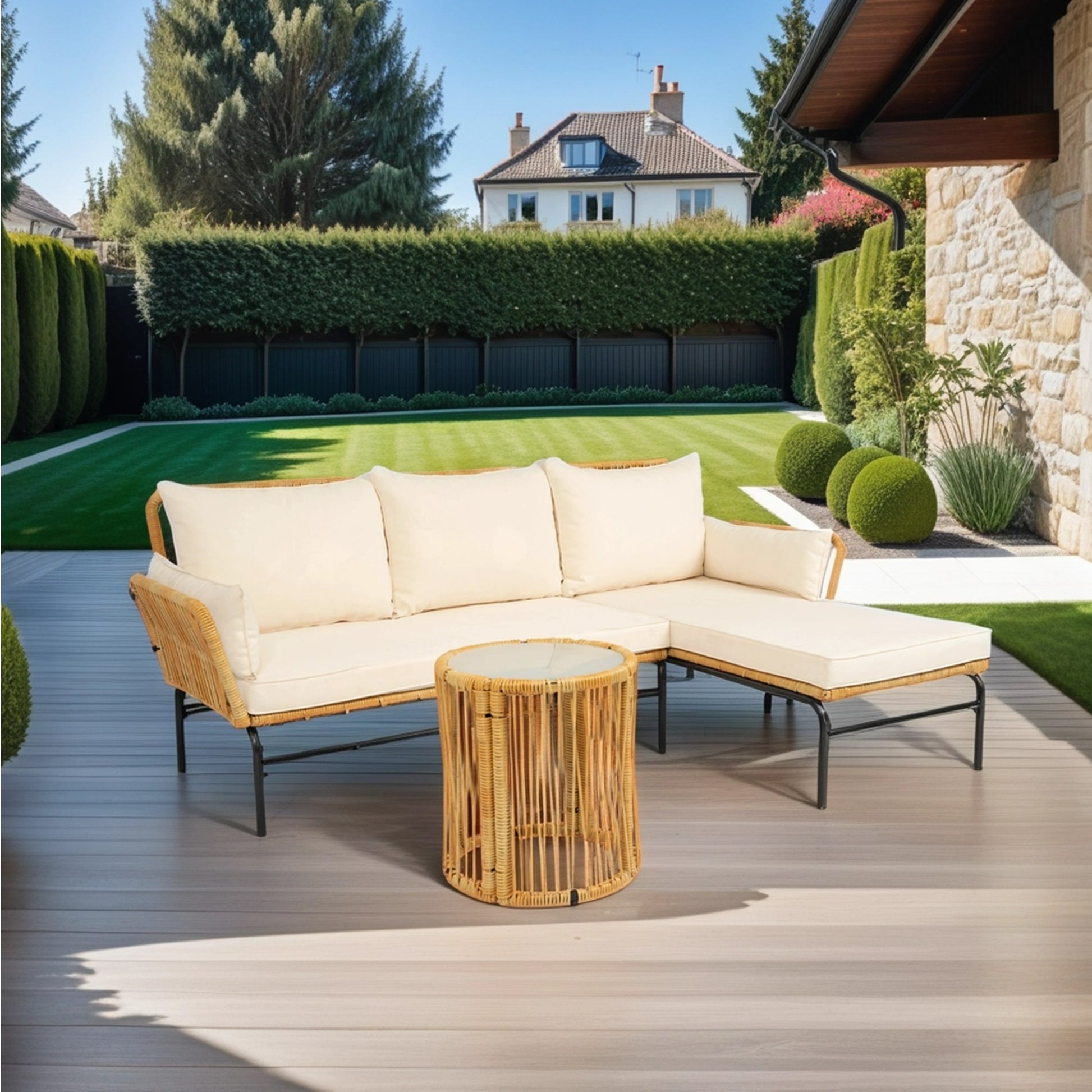 3 Pieces Outdoor Patio Wicker Furniture Sets Table And Chairs With 3.15 Inches Thick Cushion Outdoor Sofa Set Natural Yellow Wicker Creme Cushion Yes Complete Patio Set Light Yellow Rust Resistant Frame Mildew Resistant Cushion Garden & Outdoor Modern