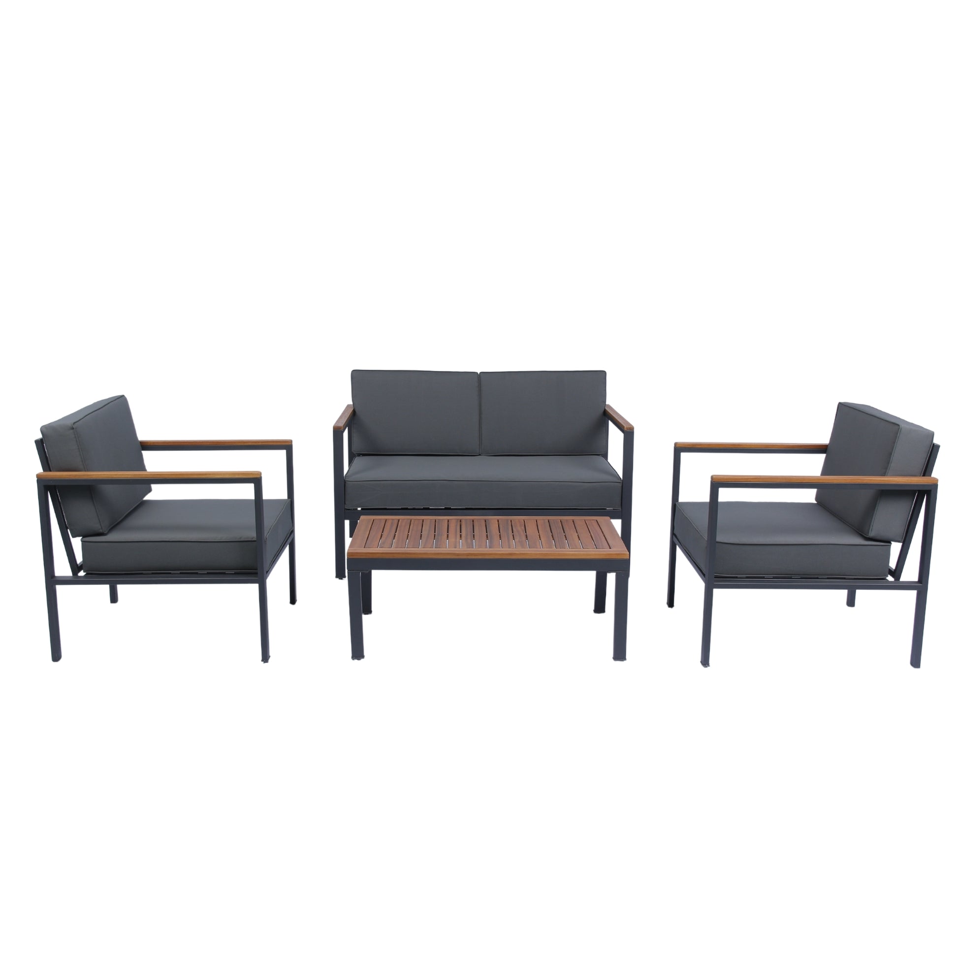 4 Piece Outdoor Sofa Set With Acacia Wood Top, Padded Patio Conversation Table Chair Set W Coffee Table For Garden, Backyard, Poolside Dark Grey Cushion Yes Complete Patio Set Dark Grey Rust Resistant Frame Mildew Resistant Cushion Garden & Outdoor