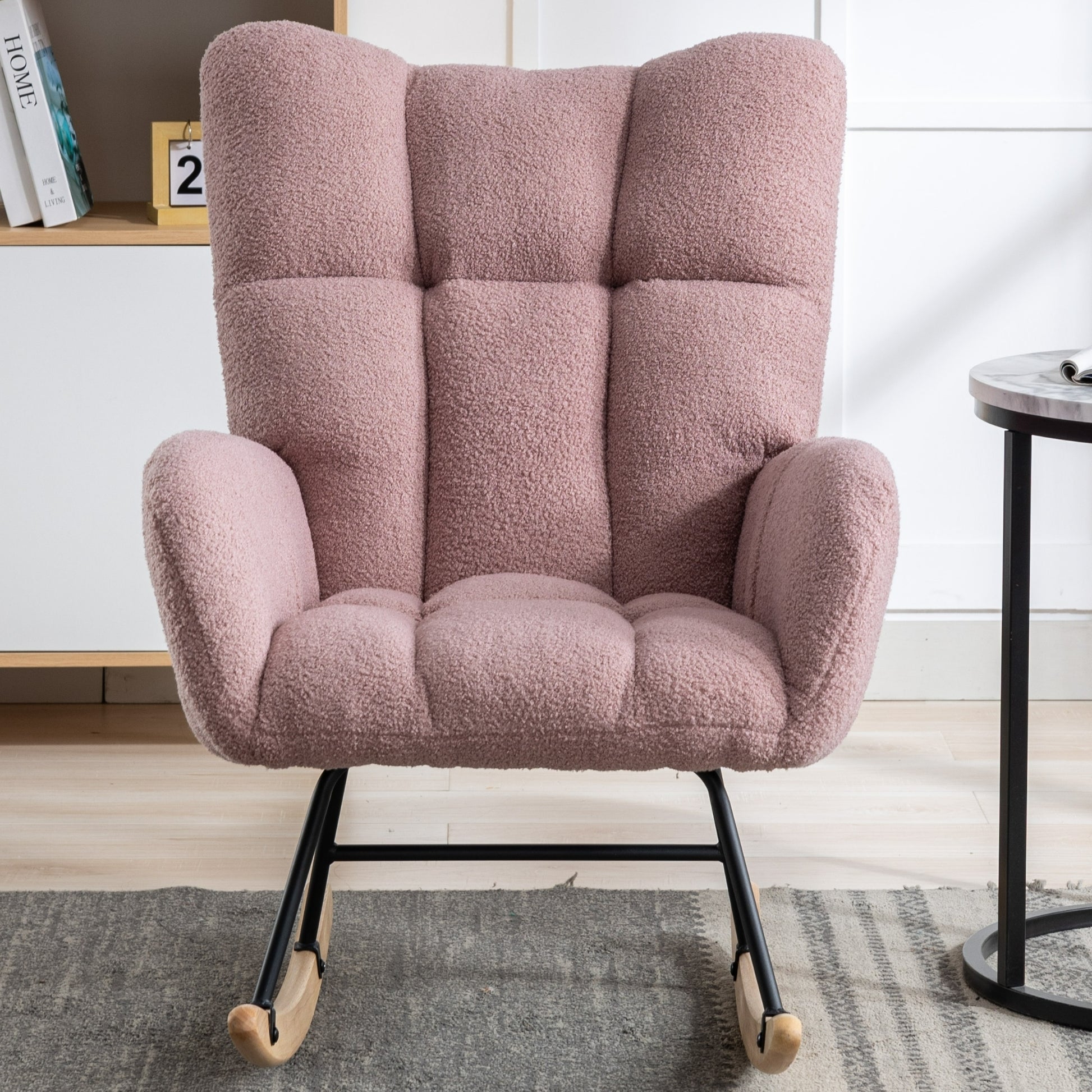 Rocking Chair With Pocket, Soft Teddy Fabric Rocking Chair For Nursery, Comfy Wingback Glider Rocker With Safe Solid Wood Base For Living Room Bedroom Balcony Pink Pink Casual Foam Teddy
