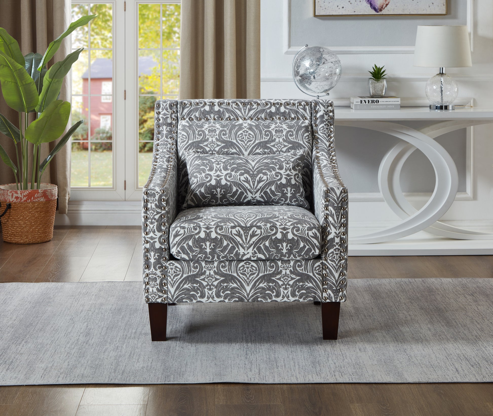 Mid Century Printing Accent Chair, Polyester Fabric Upholstery Club Chair With Nails,Wood Frame Comfy Barrel Chair For Living Room, Bed Room Seat Gray Linen