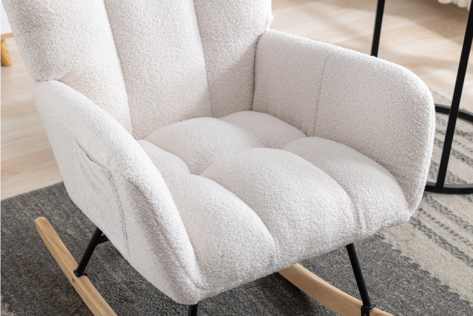 Rocking Chair With Pocket, Soft Teddy Fabric Rocking Chair For Nursery, Comfy Wingback Glider Rocker With Safe Solid Wood Base For Living Room Bedroom Balcony White White Casual Foam Teddy