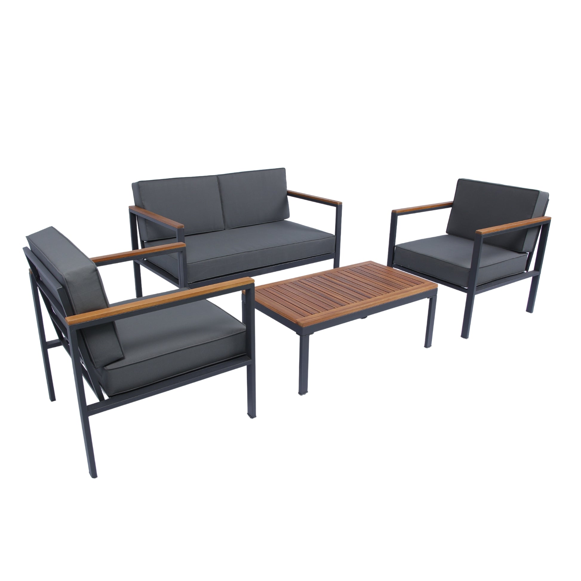 4 Piece Outdoor Sofa Set With Acacia Wood Top, Padded Patio Conversation Table Chair Set W Coffee Table For Garden, Backyard, Poolside Dark Grey Cushion Yes Complete Patio Set Dark Grey Rust Resistant Frame Mildew Resistant Cushion Garden & Outdoor