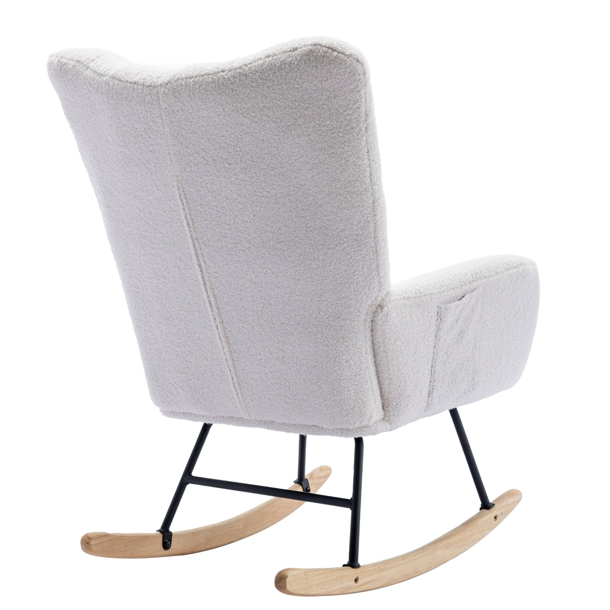 Rocking Chair With Pocket, Soft Teddy Fabric Rocking Chair For Nursery, Comfy Wingback Glider Rocker With Safe Solid Wood Base For Living Room Bedroom Balcony White White Casual Foam Teddy
