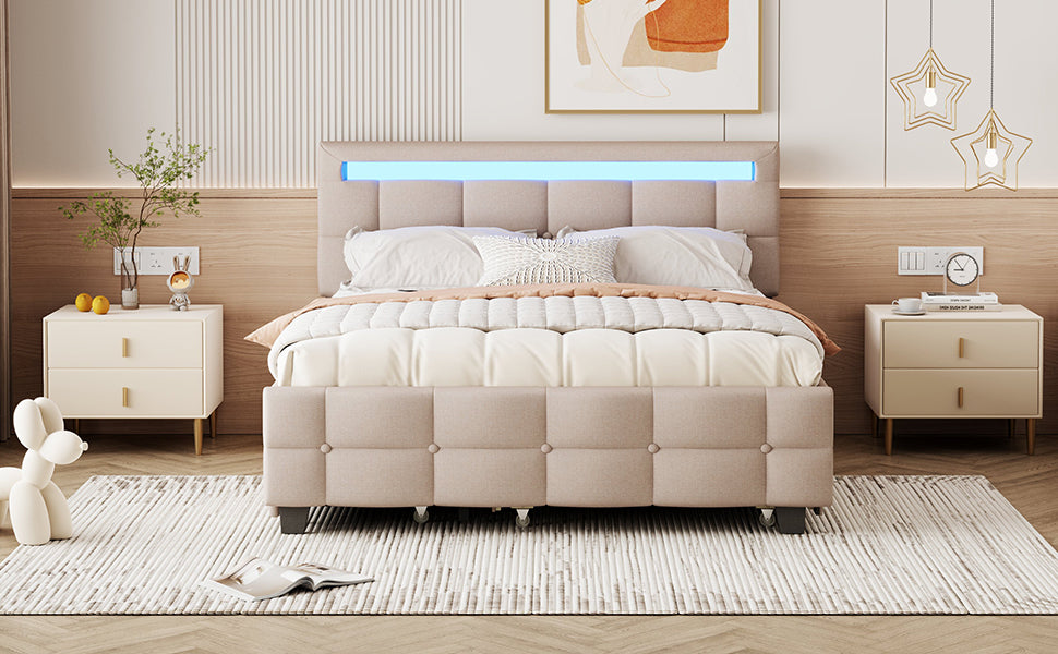Queen Size Upholstered Platform Bed With Led Frame, With Twin Xl Size Trundle And 2 Drawers, Linen Fabric, Beige Beige Linen