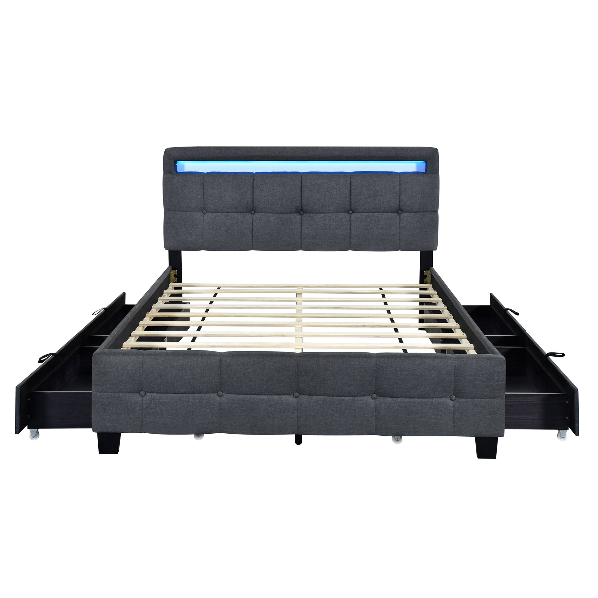 Queen Size Upholstered Platform Bed With Led Frame And 4 Drawers, Linen Fabric, Gray Gray Linen