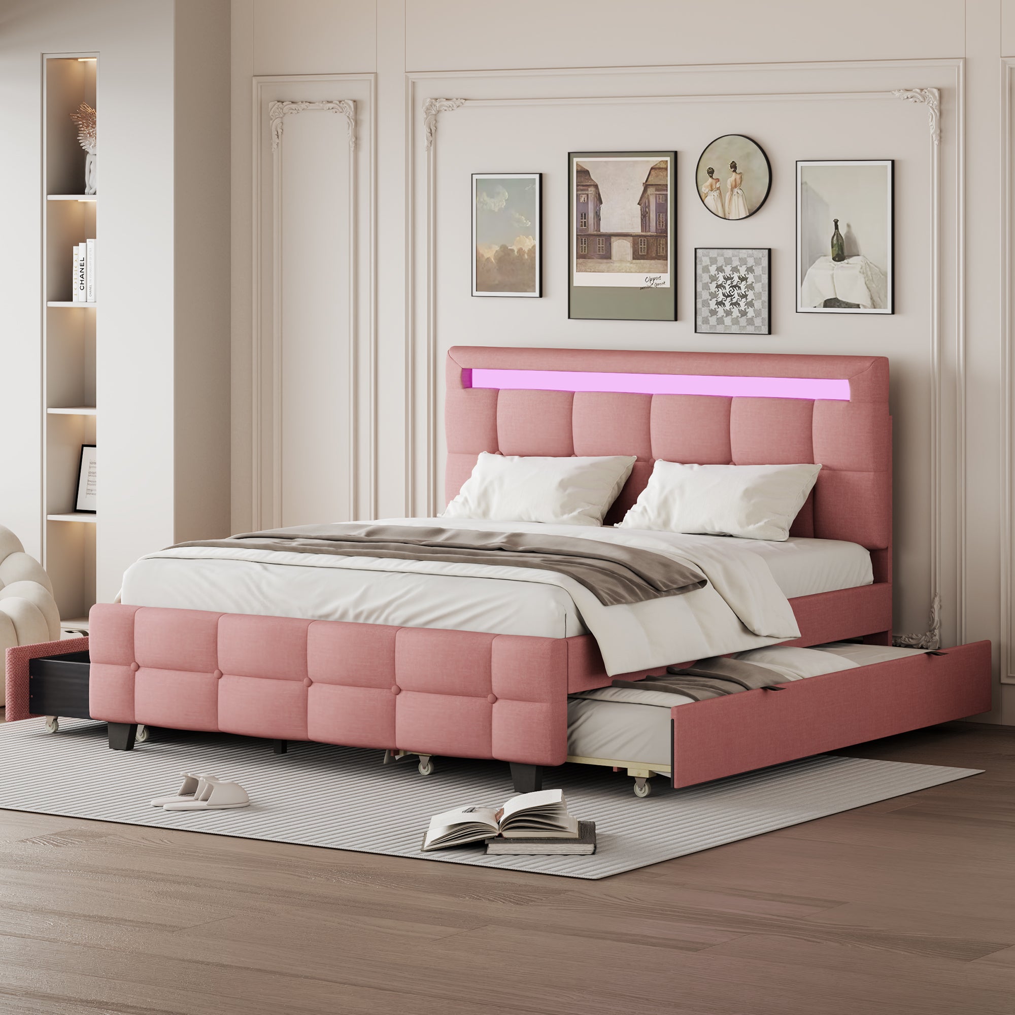 Queen Size Upholstered Platform Bed With Led Frame, With Twin Xl Size Trundle And 2 Drawers, Linen Fabric, Pink Pink Linen