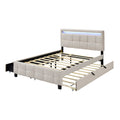 Queen Size Upholstered Platform Bed With Led Frame, With Twin Xl Size Trundle And 2 Drawers, Linen Fabric, Beige Beige Linen
