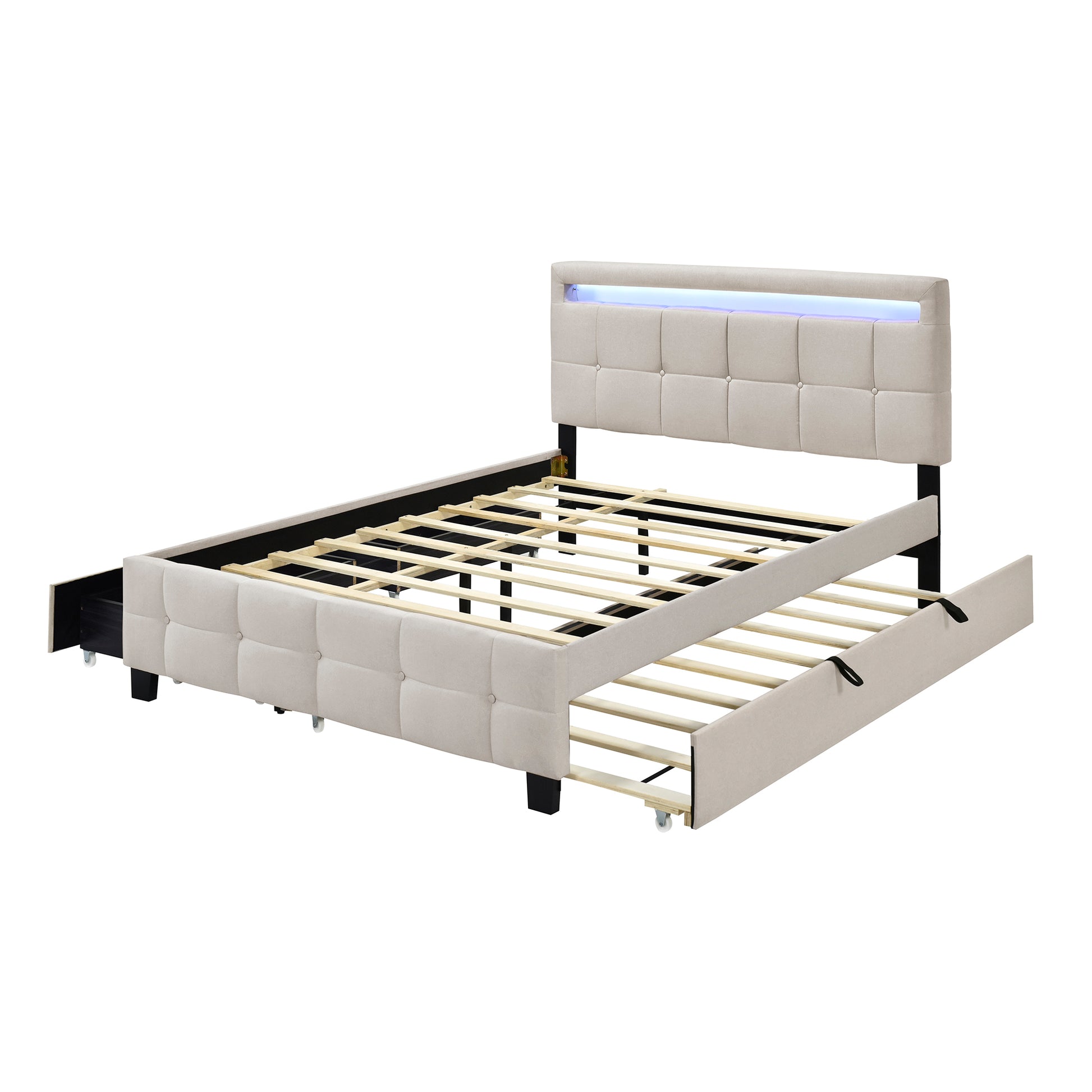 Queen Size Upholstered Platform Bed With Led Frame, With Twin Xl Size Trundle And 2 Drawers, Linen Fabric, Beige Beige Linen