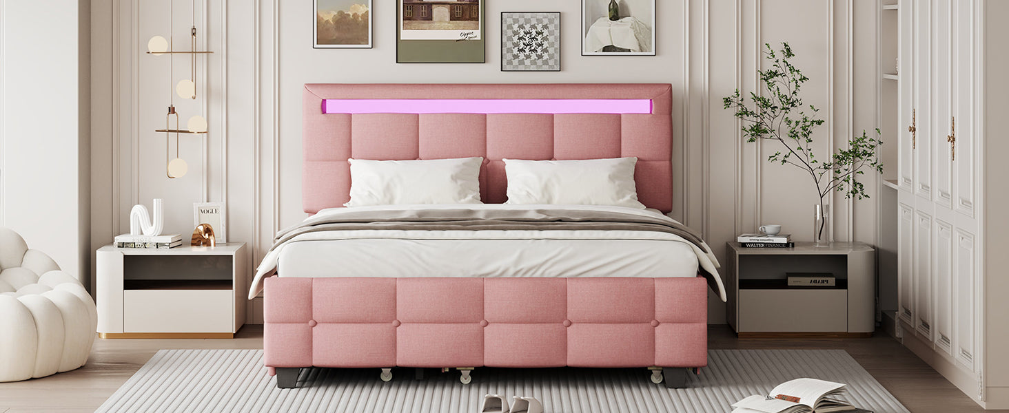 Queen Size Upholstered Platform Bed With Led Frame, With Twin Xl Size Trundle And 2 Drawers, Linen Fabric, Pink Pink Linen
