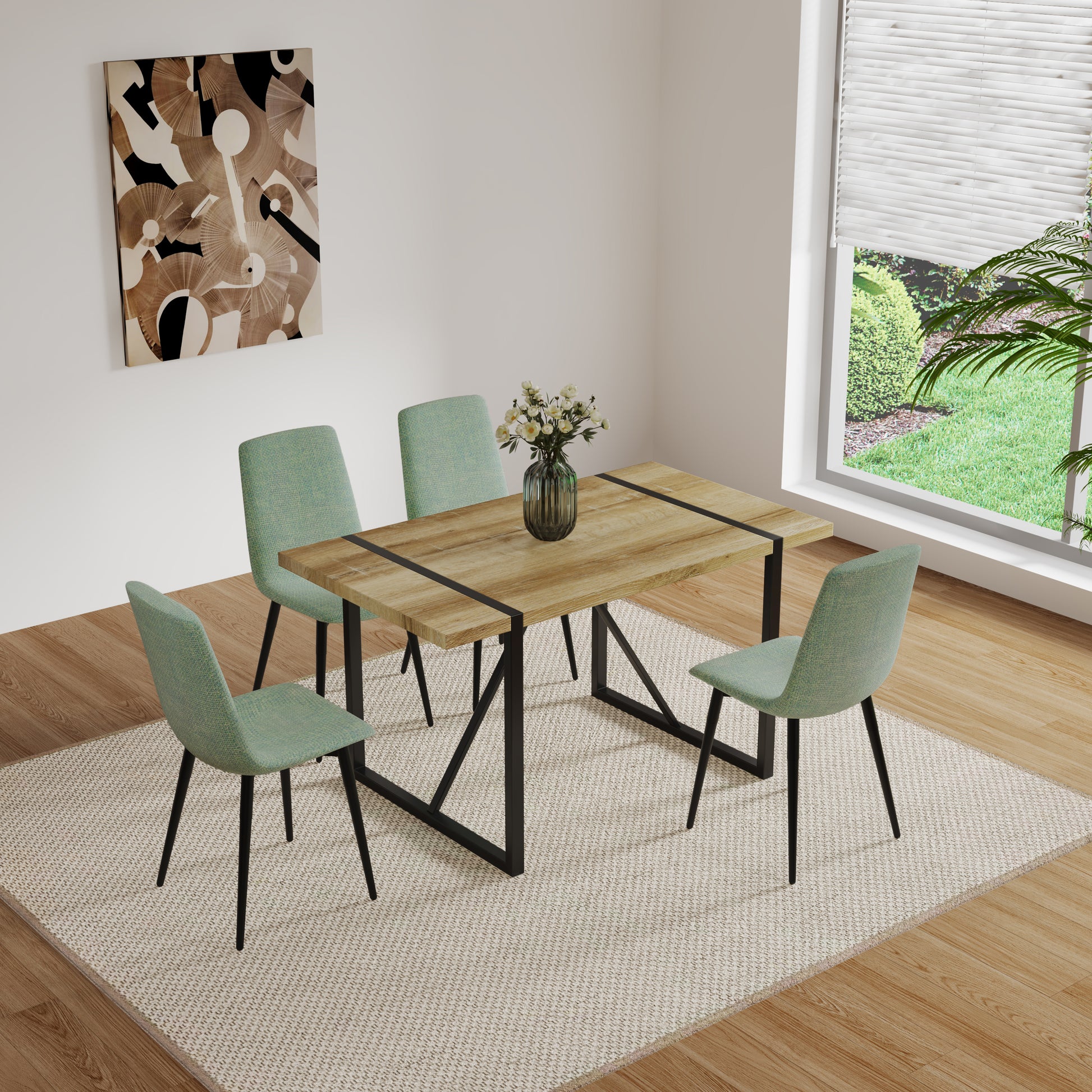 Mdf Wood Colour Dining Table And Modern Dining Chairs Set Of 4, Mid Century Wooden Kitchen Table Set, Metal Base & Legs, Dining Room Table And Linen Chairs Natural Wood Kitchen Mid Century Modern Mdf