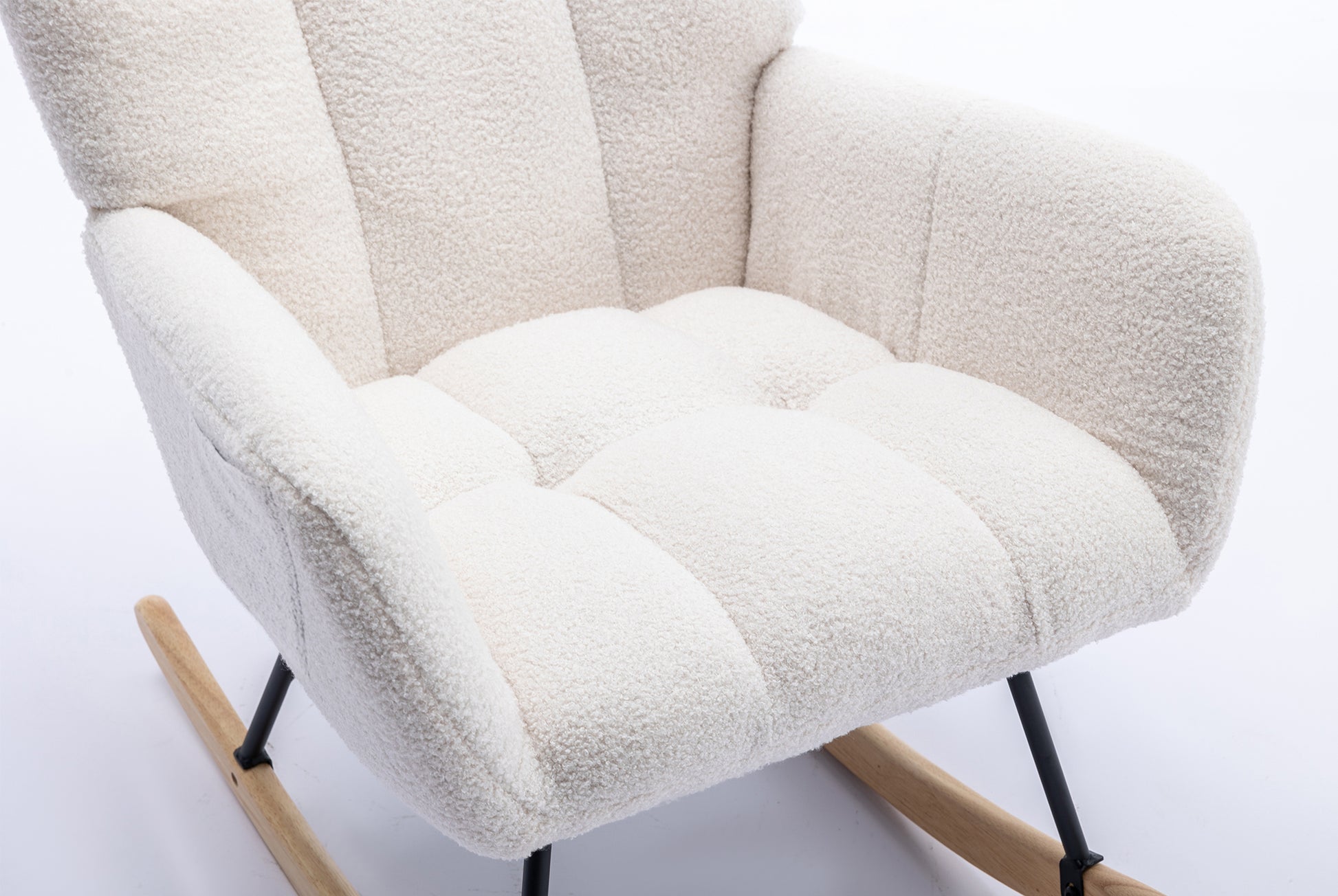 Rocking Chair With Pocket, Soft Teddy Fabric Rocking Chair For Nursery, Comfy Wingback Glider Rocker With Safe Solid Wood Base For Living Room Bedroom Balcony White White Casual Foam Teddy