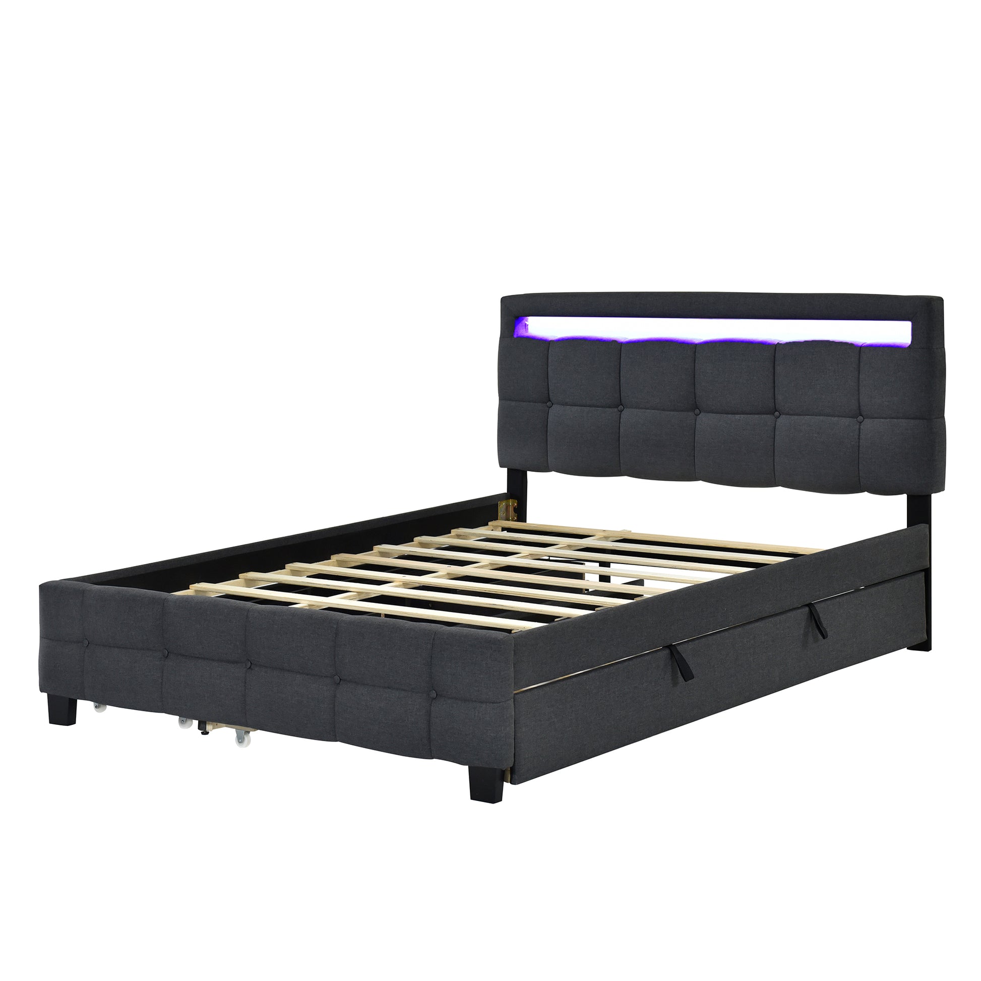 Queen Size Upholstered Platform Bed With Led Frame, With Twin Xl Size Trundle And 2 Drawers, Linen Fabric, Gray Gray Linen