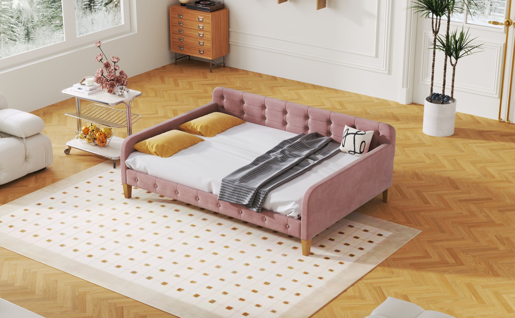 Full Size Upholstered Daybed With 4 Support Legs,Pink Full Pink Upholstered