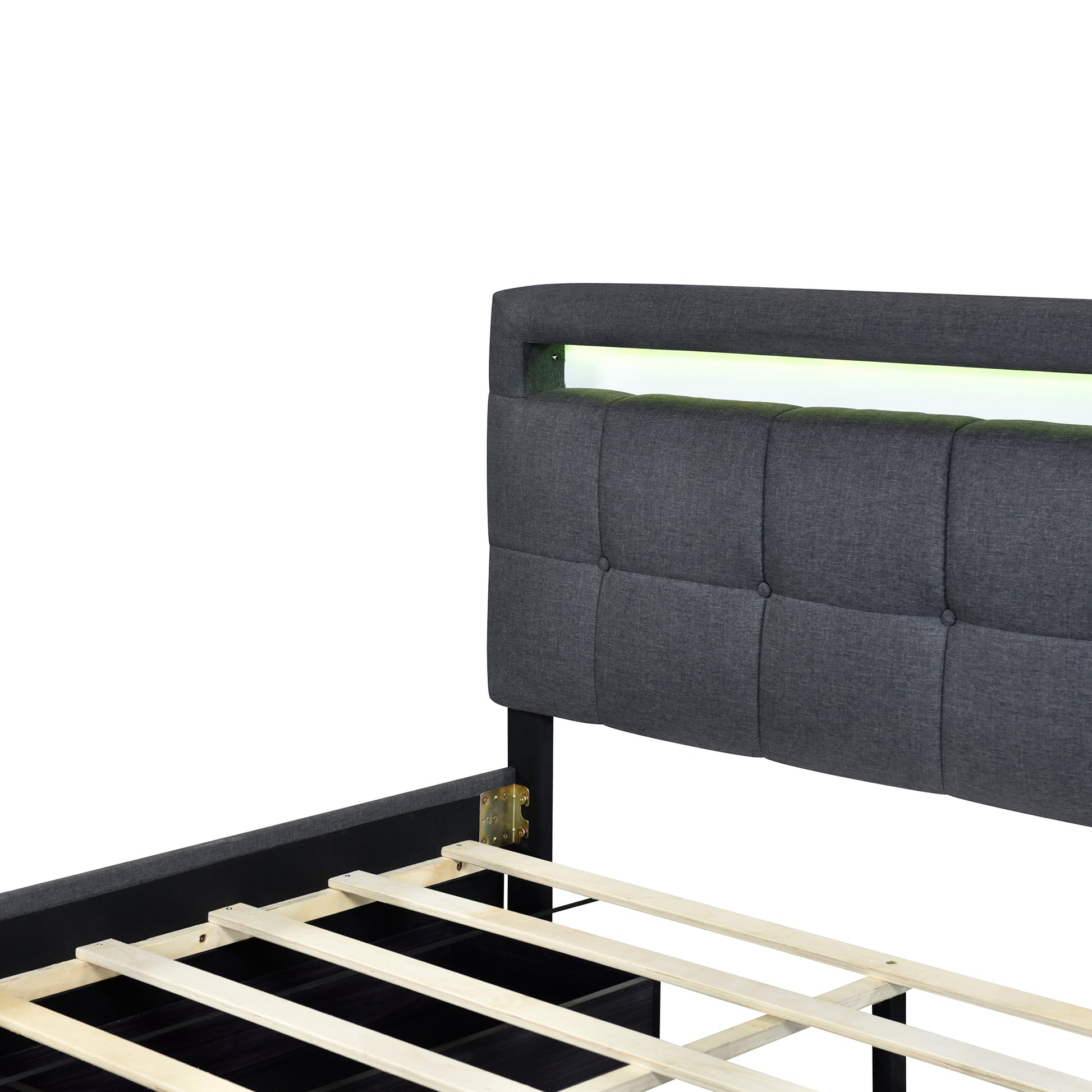 Queen Size Upholstered Platform Bed With Led Frame And 4 Drawers, Linen Fabric, Gray Gray Linen