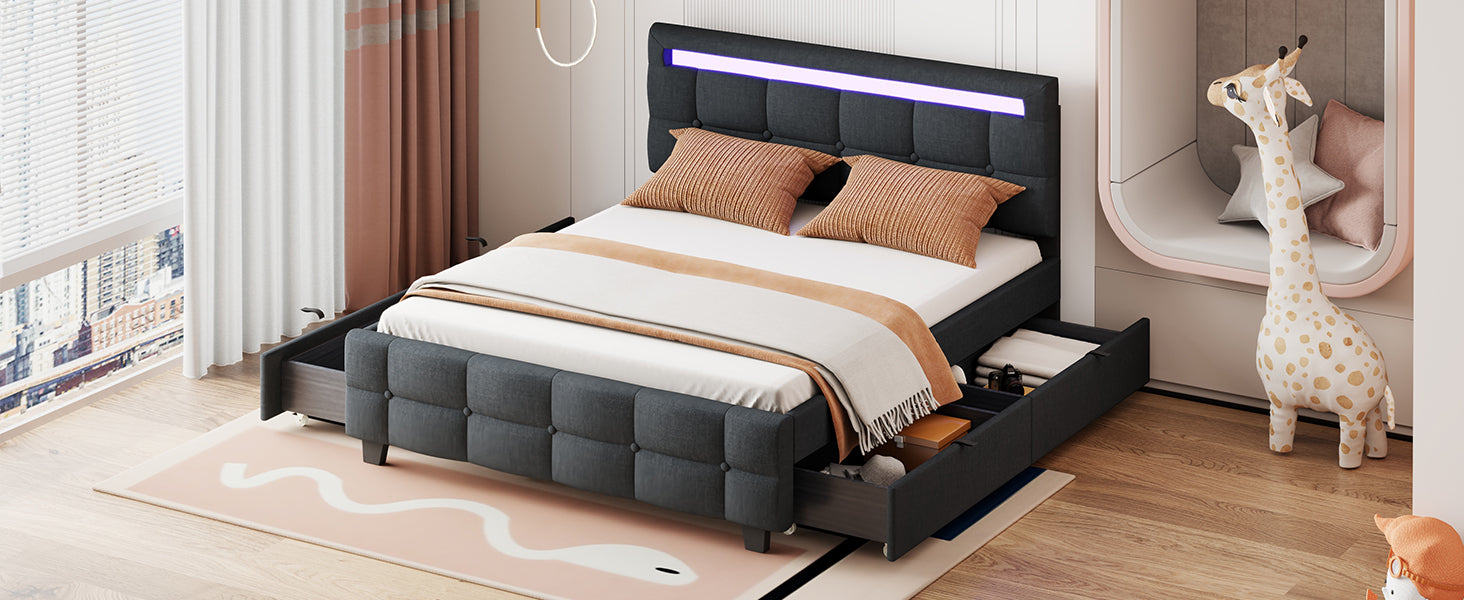 Queen Size Upholstered Platform Bed With Led Frame And 4 Drawers, Linen Fabric, Gray Gray Linen