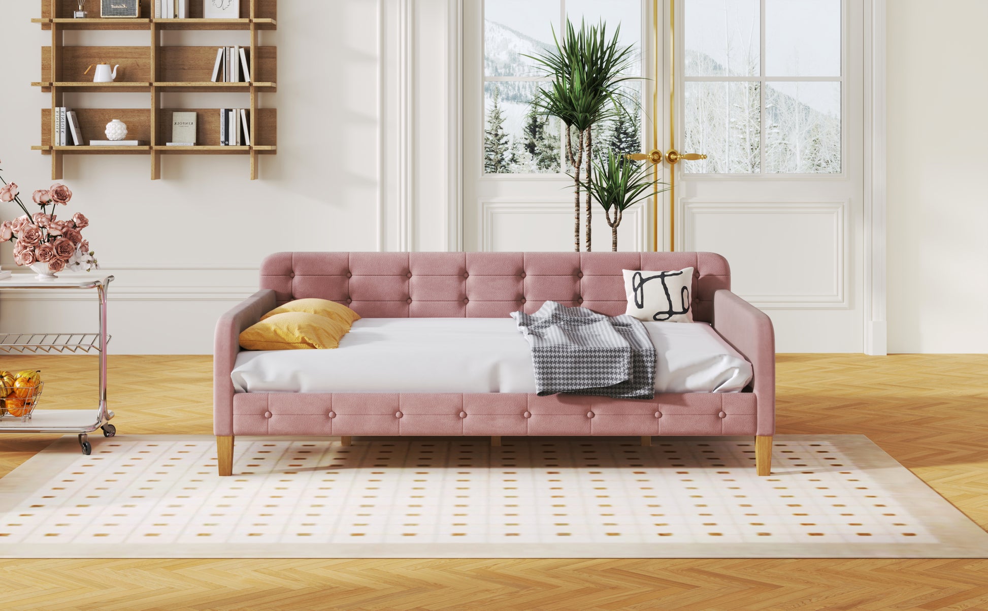 Full Size Upholstered Daybed With 4 Support Legs,Pink Full Pink Upholstered