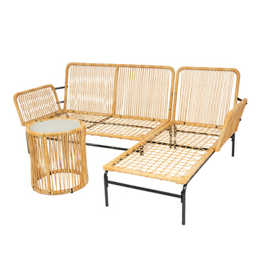 3 Pieces Outdoor Patio Wicker Furniture Sets Table And Chairs With 3.15 Inches Thick Cushion Outdoor Sofa Set Natural Yellow Wicker Creme Cushion Yes Complete Patio Set Light Yellow Rust Resistant Frame Mildew Resistant Cushion Garden & Outdoor Modern