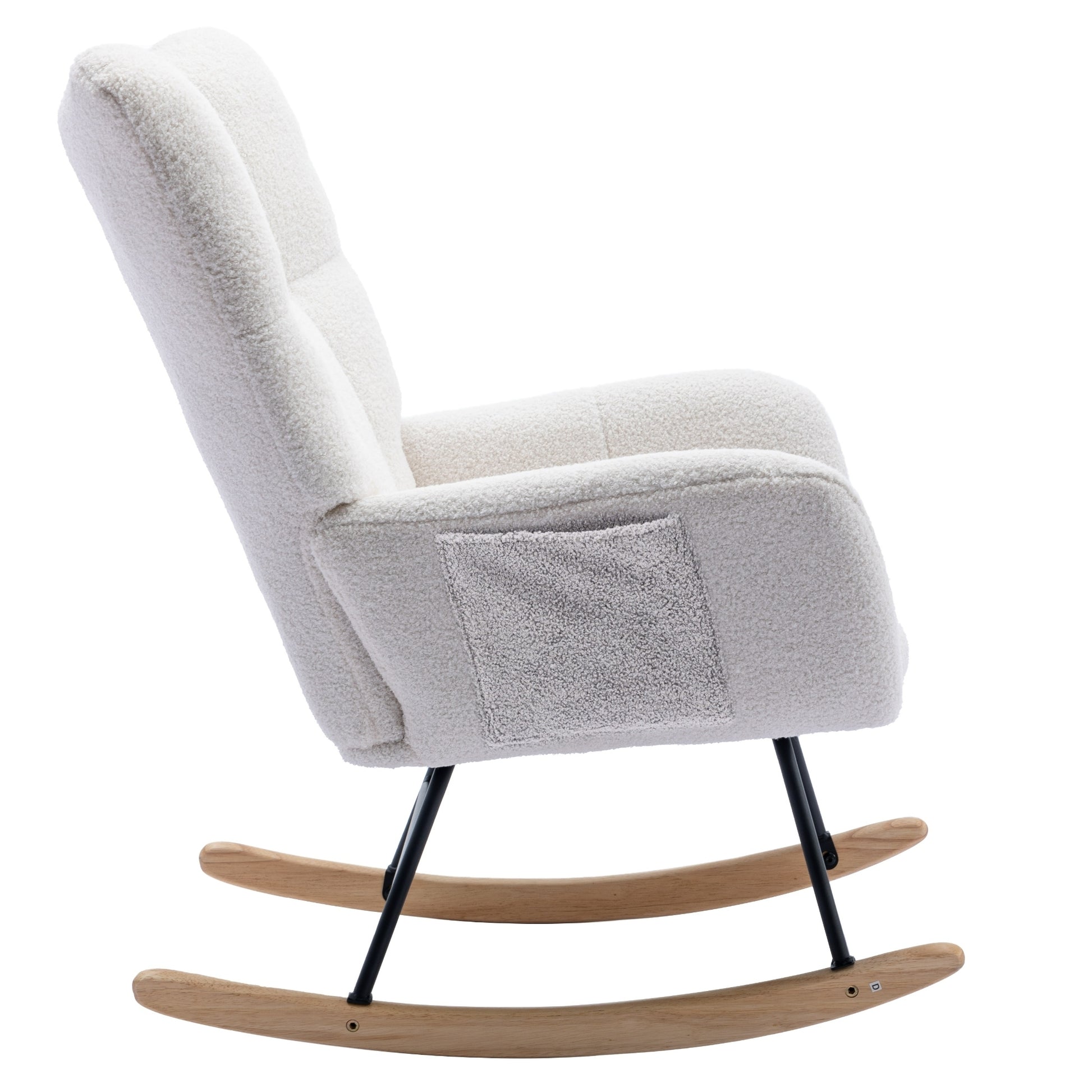 Rocking Chair With Pocket, Soft Teddy Fabric Rocking Chair For Nursery, Comfy Wingback Glider Rocker With Safe Solid Wood Base For Living Room Bedroom Balcony White White Casual Foam Teddy