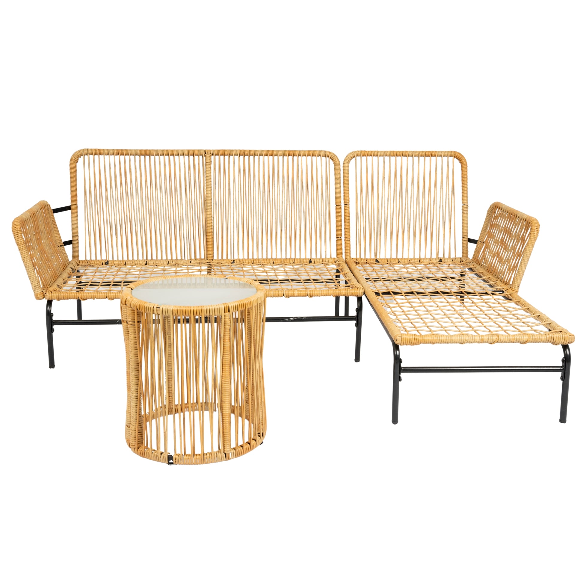 3 Pieces Outdoor Patio Wicker Furniture Sets Table And Chairs With 3.15 Inches Thick Cushion Outdoor Sofa Set Natural Yellow Wicker Creme Cushion Yes Complete Patio Set Light Yellow Rust Resistant Frame Mildew Resistant Cushion Garden & Outdoor Modern