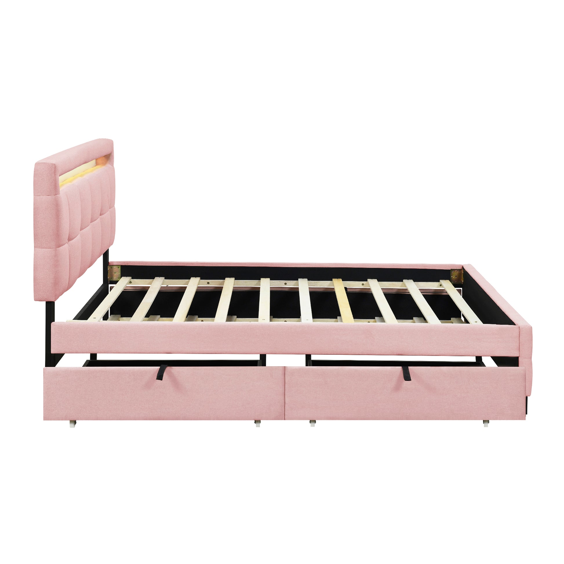 Queen Size Upholstered Platform Bed With Led Frame, With Twin Xl Size Trundle And 2 Drawers, Linen Fabric, Pink Pink Linen