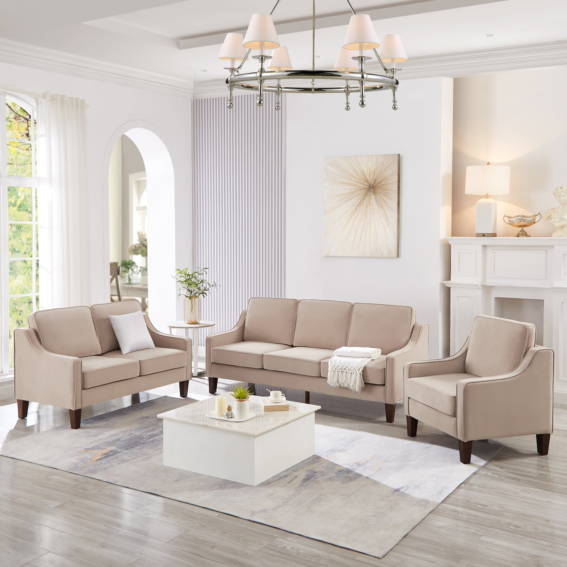 Modern 3 Person Seat Sofa Couch With Scooped Armrest Wood Legs,Upholstered Velvet 3 Seat Sofa With Removable Cushions For Livingroom Bedroom,Taupe Taupe Espresso Velvet Wood Primary Living Space Medium Soft Cushion Back American Design Rubberwood Square