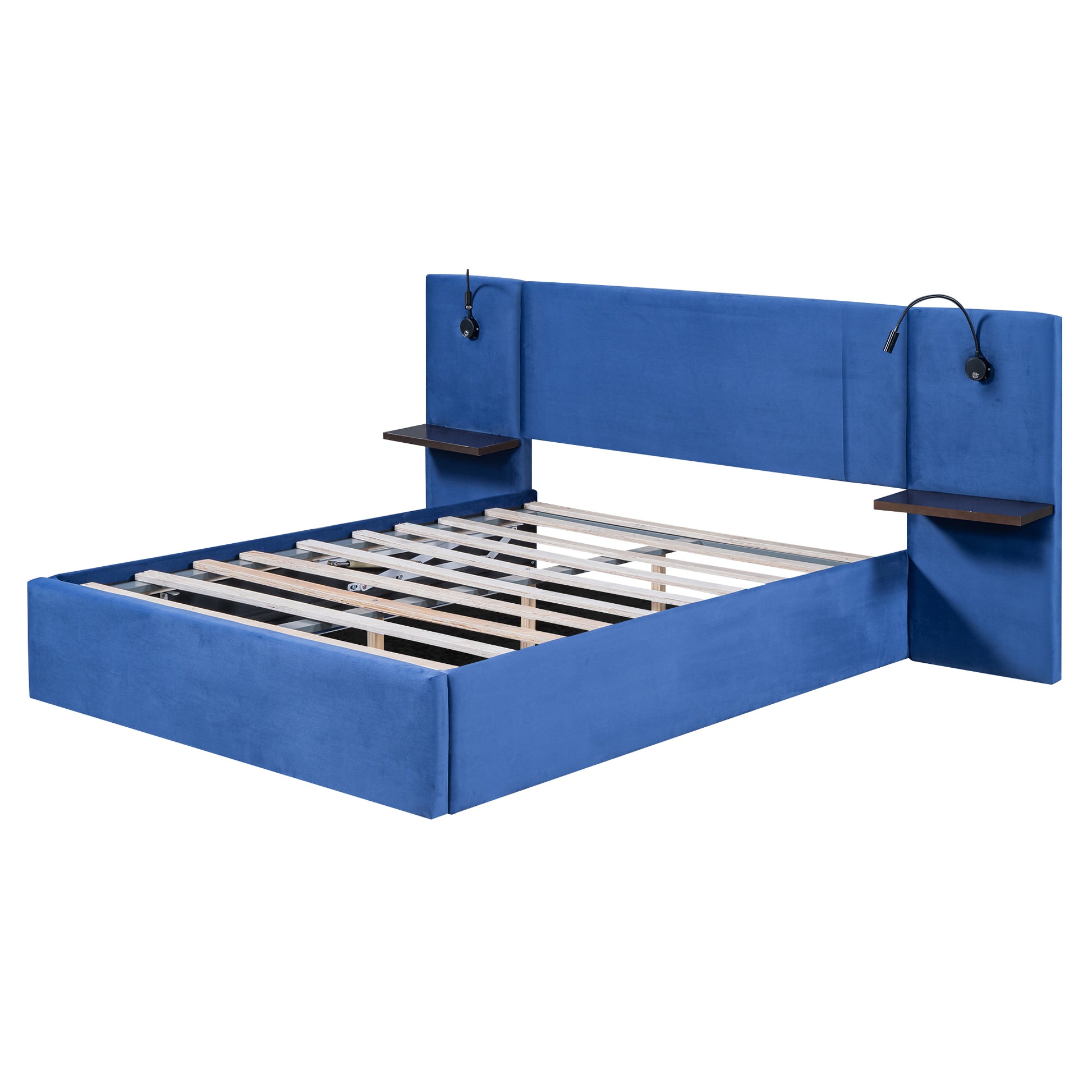 Full Size Storage Upholstered Hydraulic Platform Bed With 2 Shelves, 2 Lights And Usb, Blue Box Spring Not Required Full Blue Wood Bedroom Bed Frame Velvet Upholstered