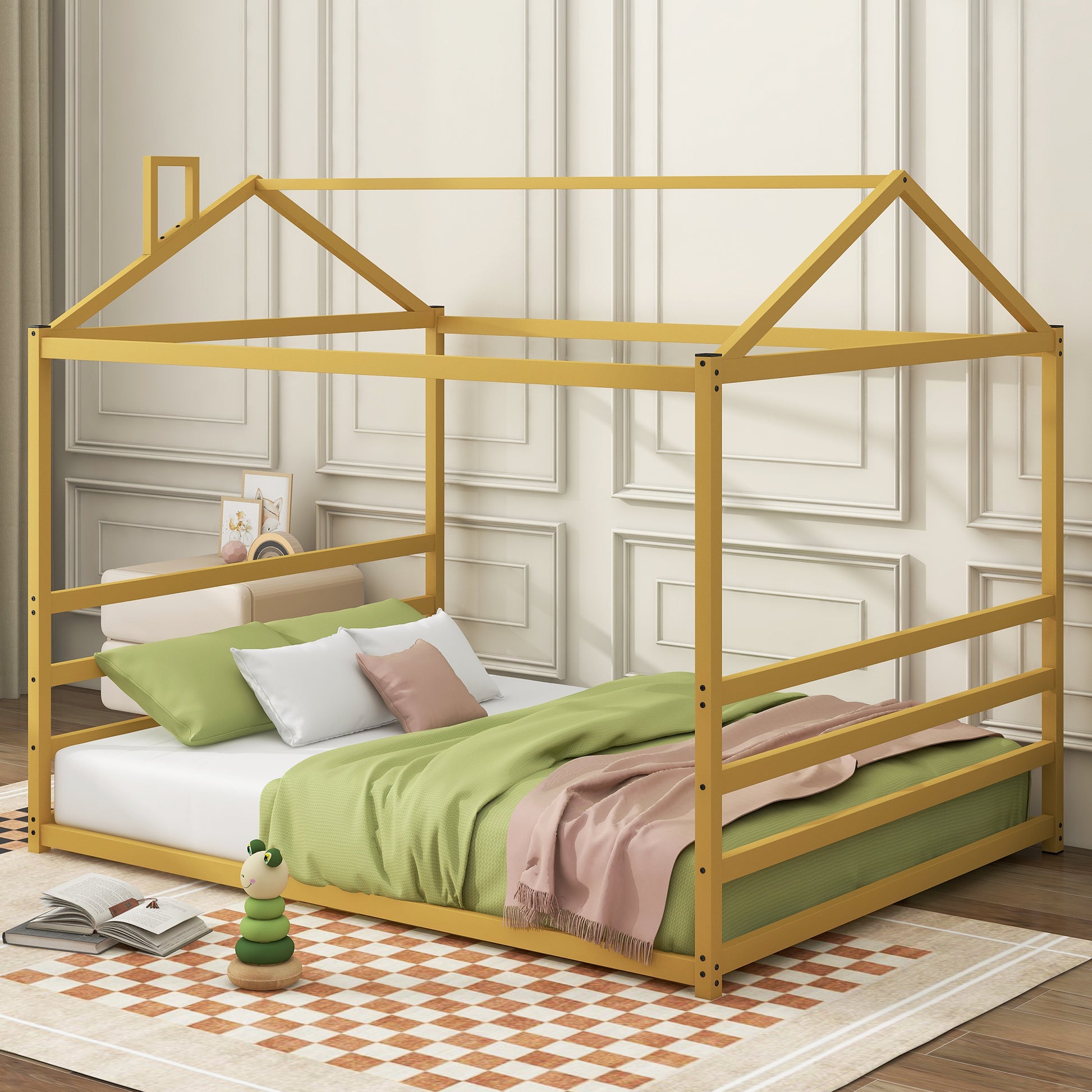 Metal House Shape Platform Bed, Gold, Queen Queen Gold Metal