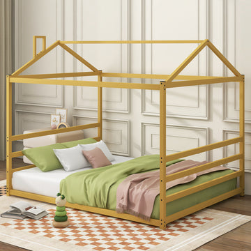 Metal House Shape Platform Bed, Gold, Queen Queen Gold Metal