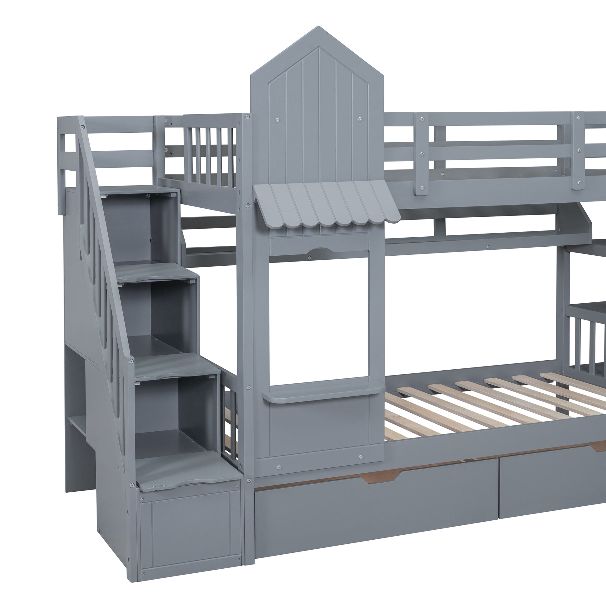 Twin Over Twin Castle Style Bunk Bed With 2 Drawers 3 Shelves And Slide Gray Gray Solid Wood