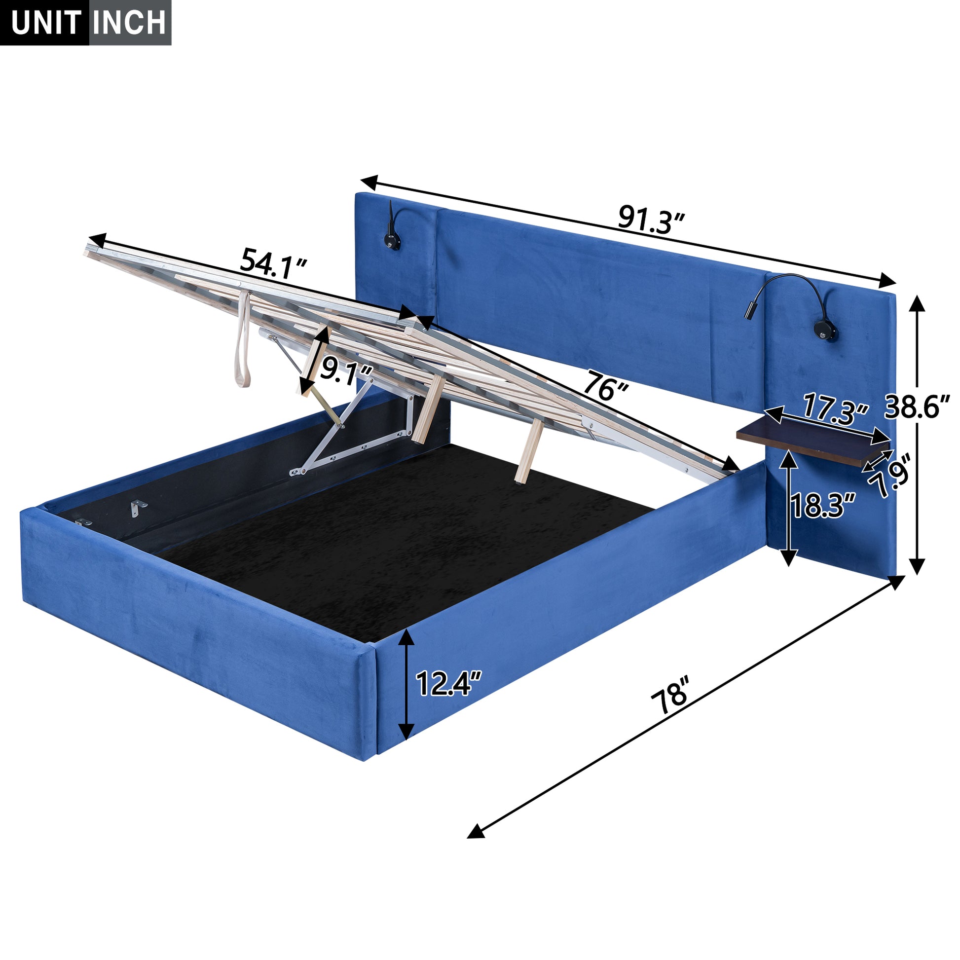 Full Size Storage Upholstered Hydraulic Platform Bed With 2 Shelves, 2 Lights And Usb, Blue Box Spring Not Required Full Blue Wood Bedroom Bed Frame Velvet Upholstered