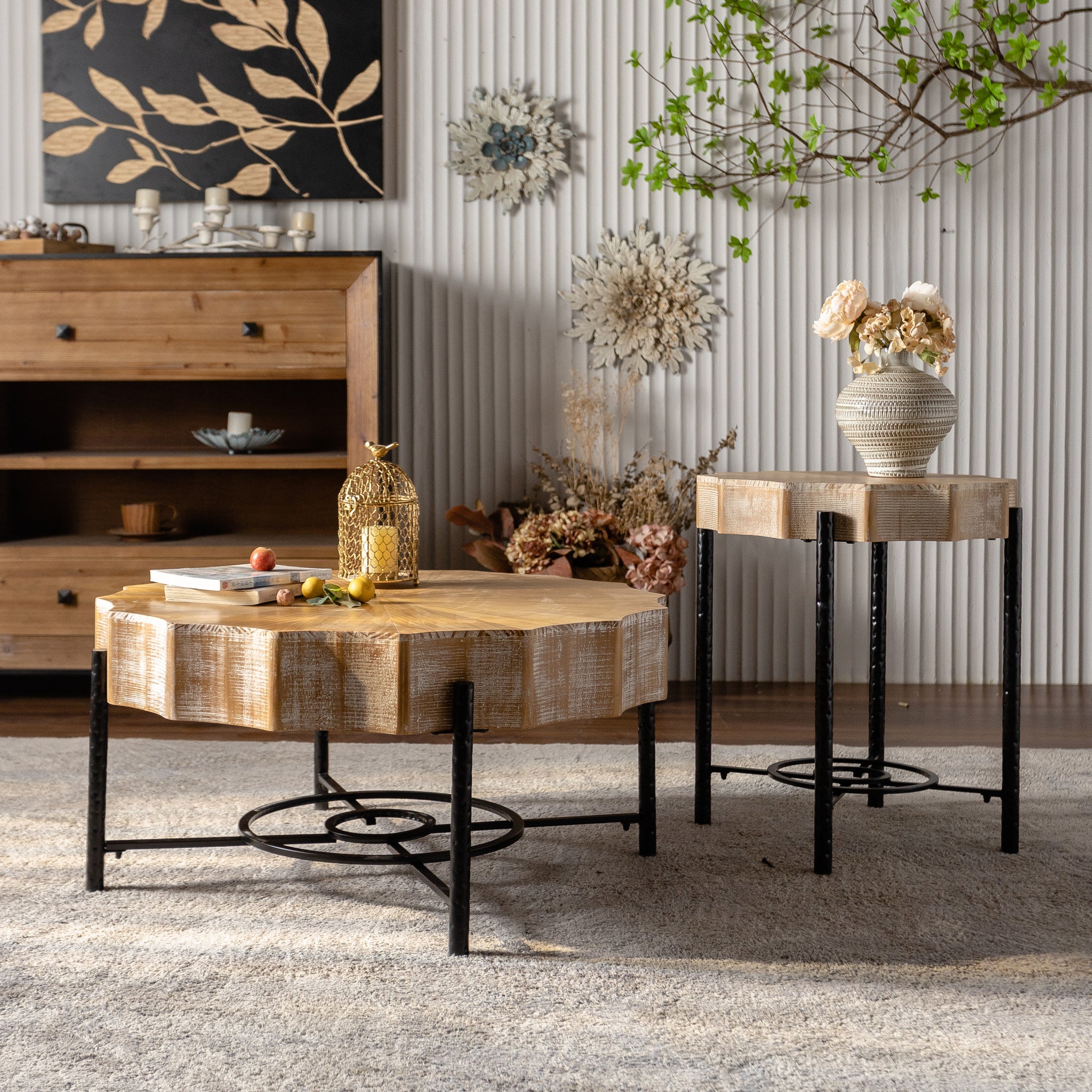 31.5 "Vintage Patchwork Lace Shape Coffee Table With Natural Pine Grain Table Top And Dimpled Metal Cross Legs, Cedar Coffee Table Set Set Of 2 Natural Black Wood Metal