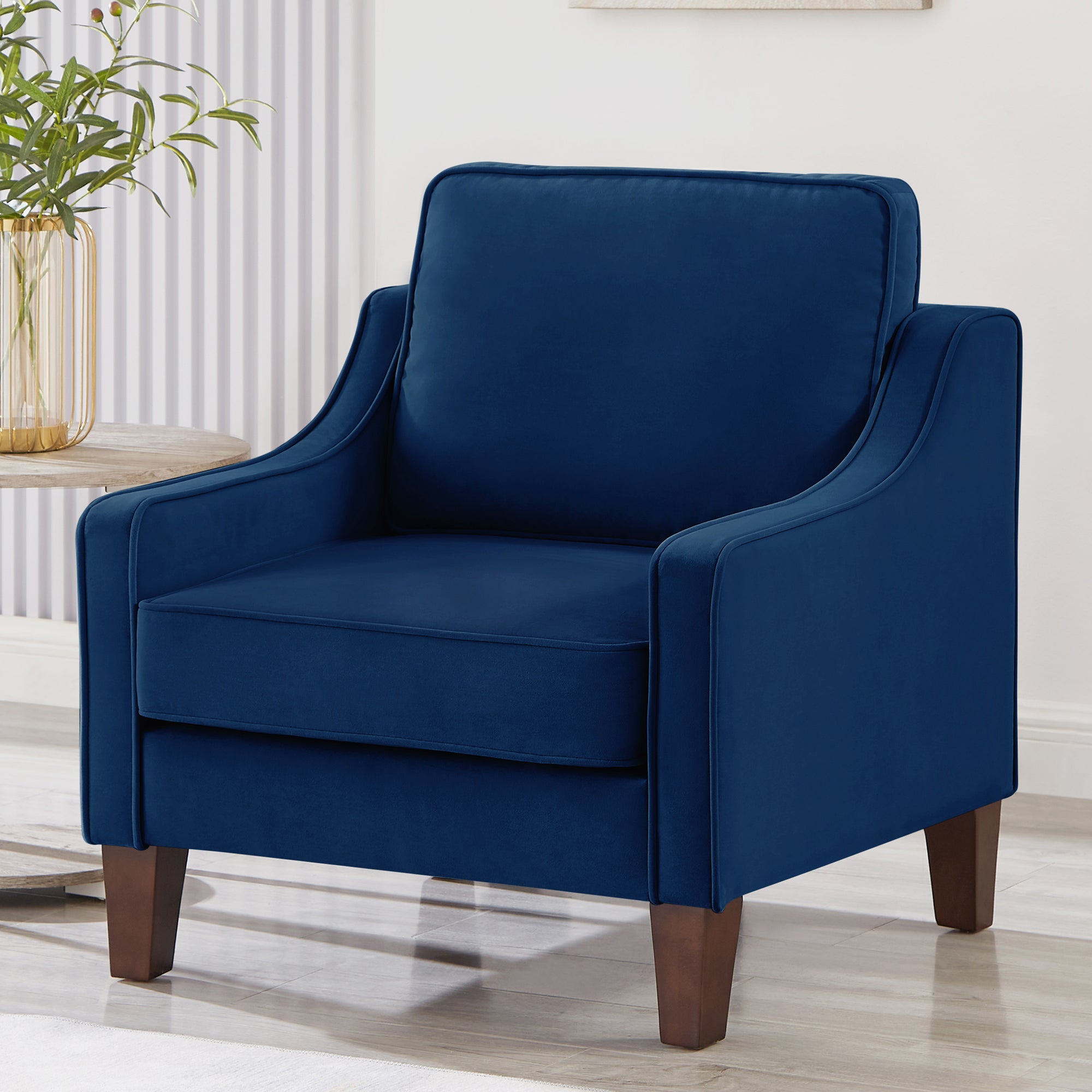 Modern Armchair, Living Room Single Seat Sofa Chair With Wooden Legs, Upholstered Velvet Accent Chair For Living Room, Bedroom,Navy Navy Espresso Velvet Wood Primary Living Space Medium Soft Cushion Back American Design Rubberwood Square Arms Foam Velvet