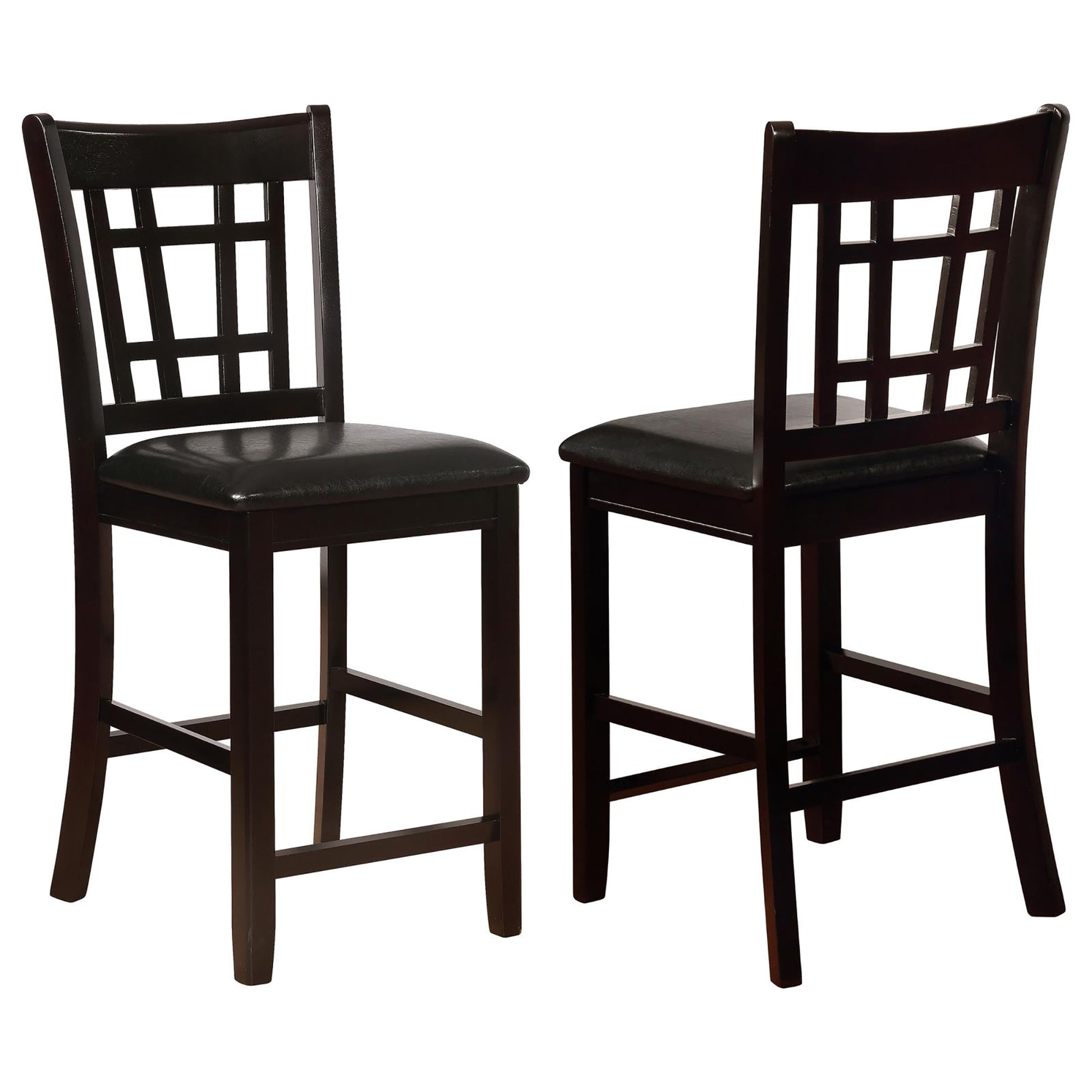 Black And Espresso Lattice Back Counter Height Stools Set Of 2 Solid Brown Espresso Dining Room Foam Spot Clean Transitional Rubberwood Open Back Foam Faux Leather