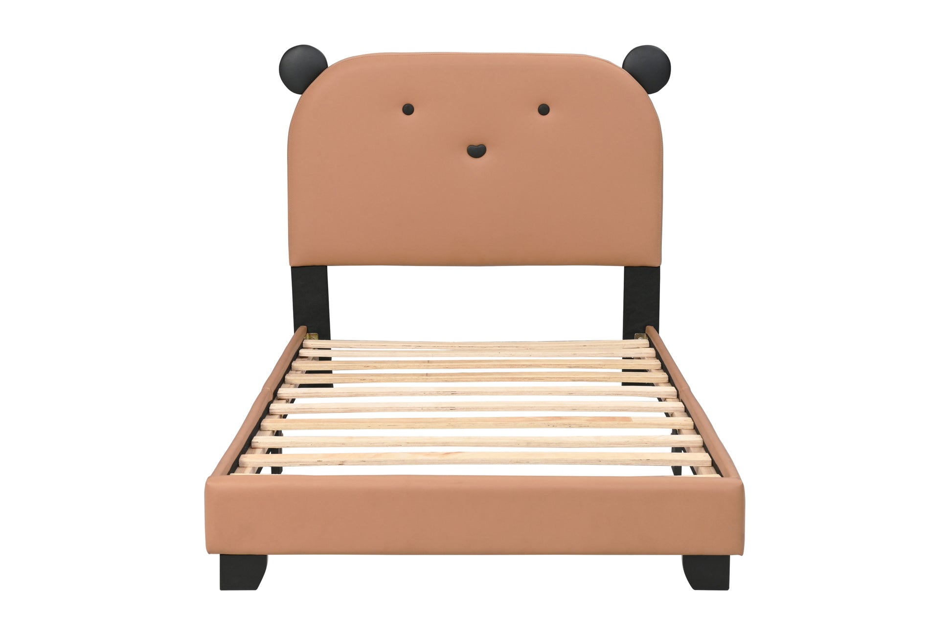 Upholstered Twin Size Platform Bed For Kids, Wooden Bed Frame With Slatted Bed Base, No Box Spring Needed, Cute Bed Frame With Bear Design Headboard For Girls Boys Teens, Brown Box Spring Not Required Twin Brown Wood Kids Faux Leather Acacia Wood