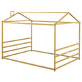 Metal House Shape Platform Bed, Gold, Queen Queen Gold Metal