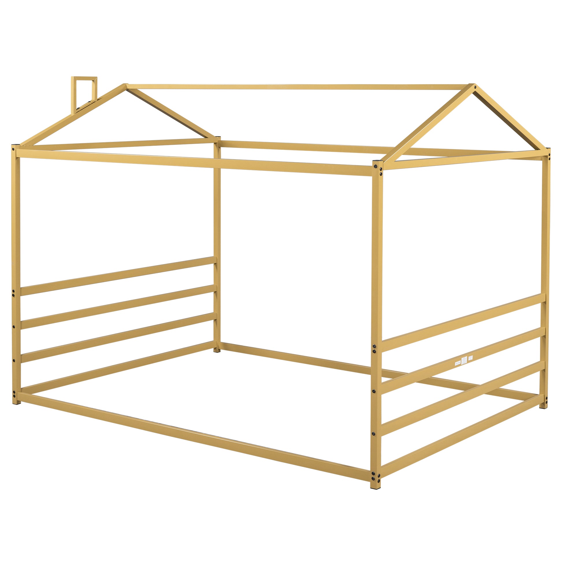 Metal House Shape Platform Bed, Gold, Queen Queen Gold Metal