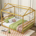 Metal House Shape Platform Bed, Gold, Queen Queen Gold Metal