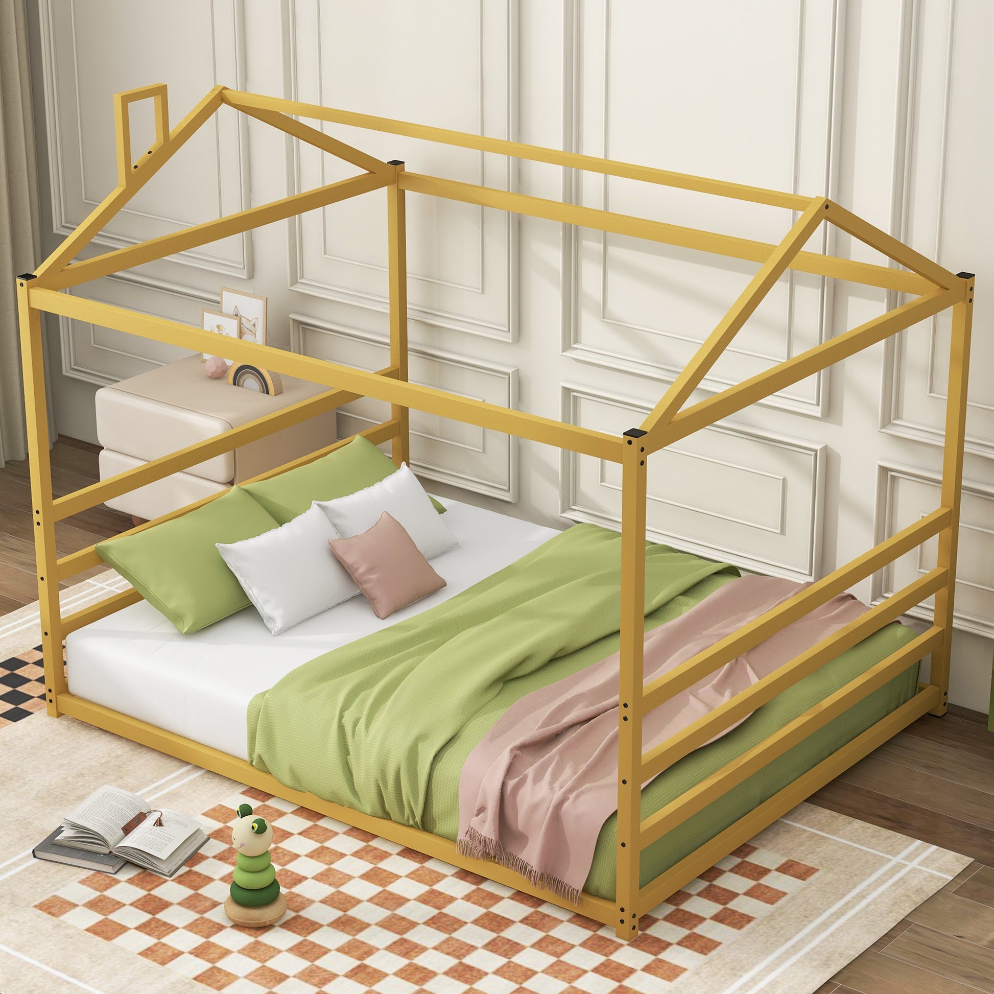 Metal House Shape Platform Bed, Gold, Queen Queen Gold Metal