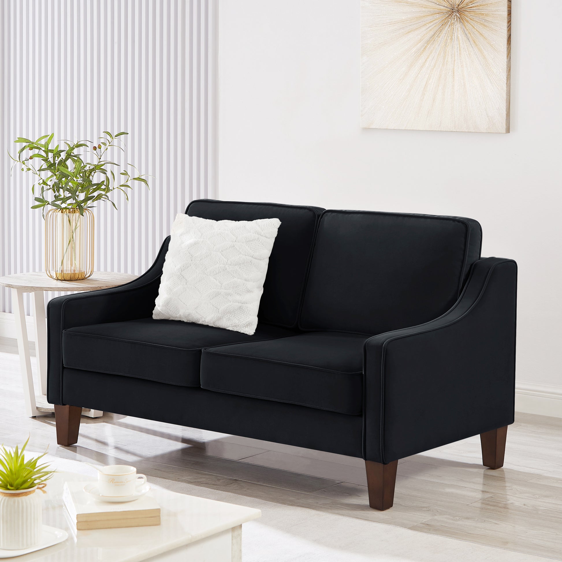 Modern Loveseat Sofa For Living Room, Upholstered Velvet Small Couch With Wooden Legs For Livingroom Bedroom, Black Black Espresso Velvet Wood Primary Living Space Medium Soft Cushion Back American Design Rubberwood Square Arms Foam Velvet 2 Seat