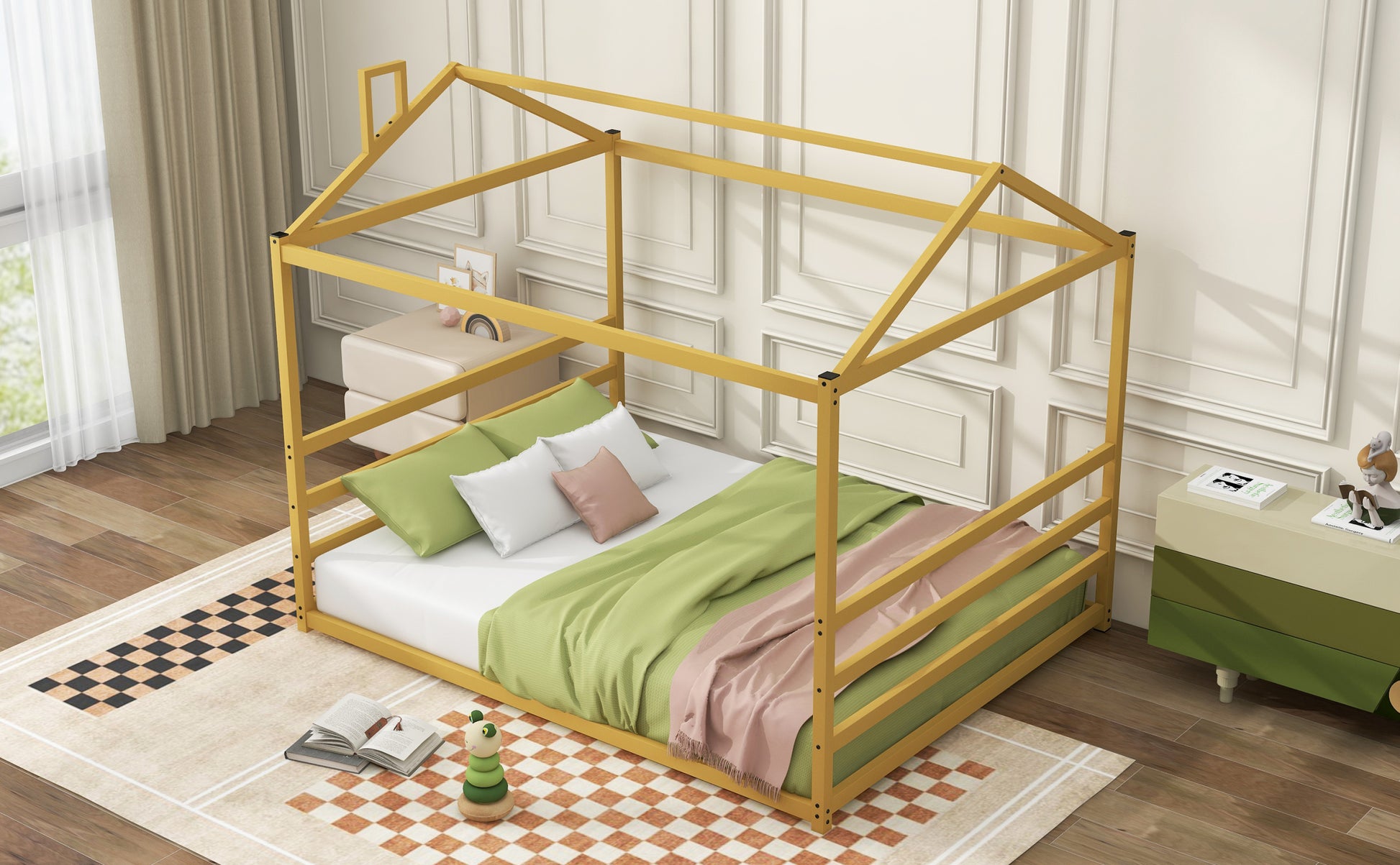 Metal House Shape Platform Bed, Gold, Queen Queen Gold Metal