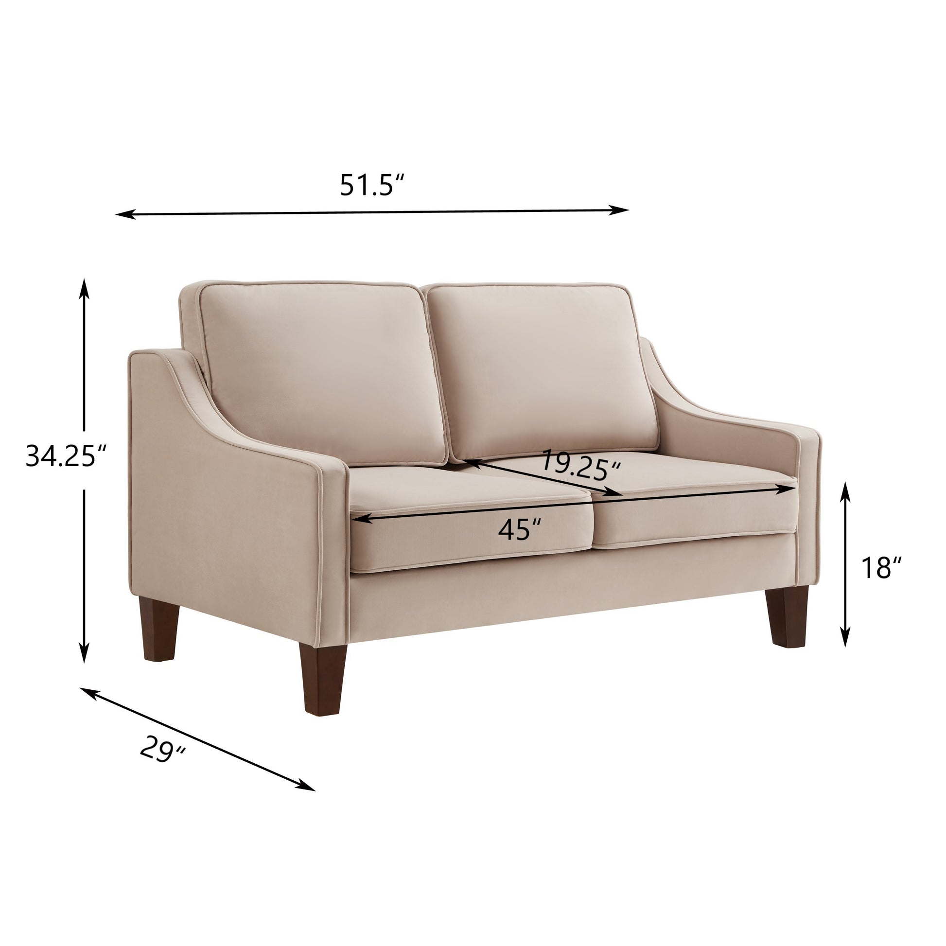 Modern Loveseat Sofa For Living Room, Upholstered Velvet Small Couch With Wooden Legs For Livingroom Bedroom, Taupe Taupe Espresso Velvet Wood Primary Living Space Medium Soft Cushion Back American Design Rubberwood Square Arms Foam Velvet 2 Seat