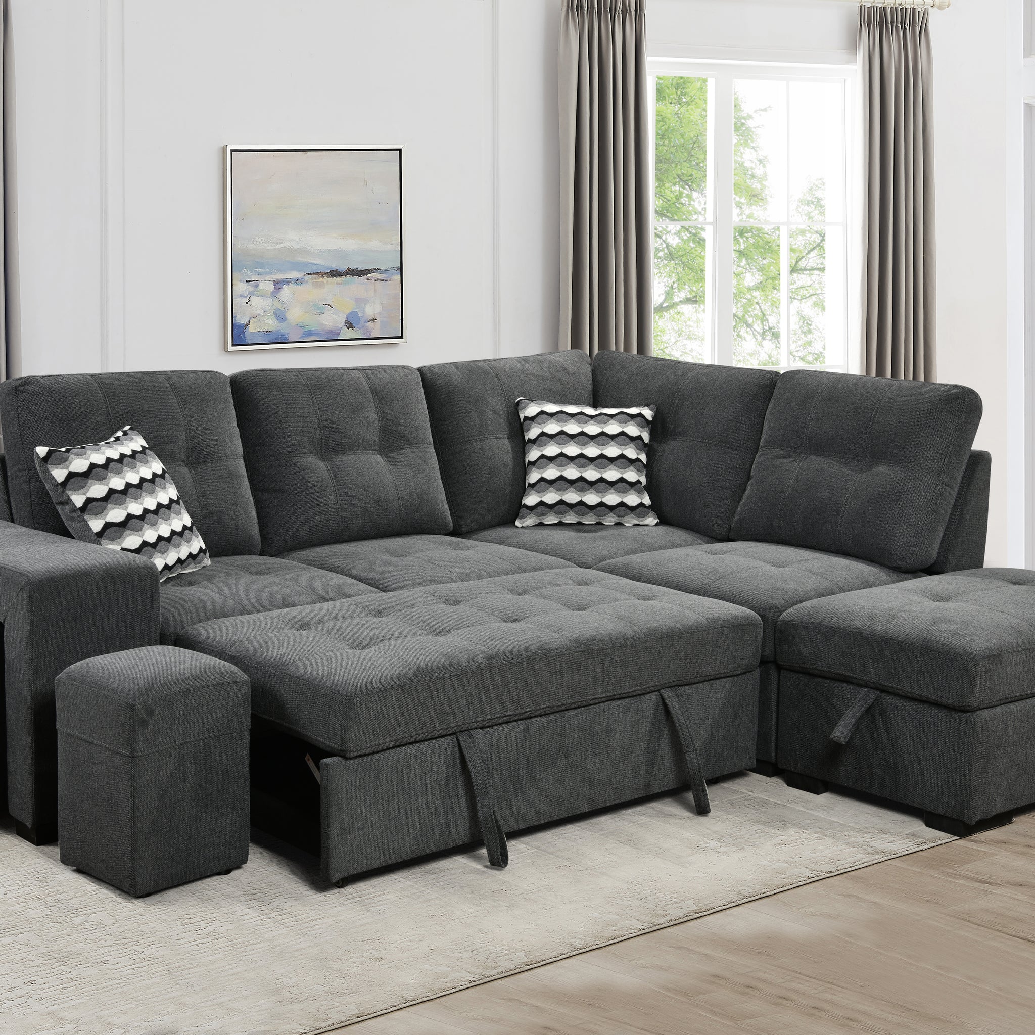 Sectional Pull Out Sofa Bed 101" Reversible L Shaped Corner Sleeper Upholstered Couch With Storage Ottoman, 2 Pillows,Usb Ports,2 Stools For Living Room Furniture Sets,Apartments,Dark Gray Light Brown Wood Primary Living Space Heavy Duty Eucalyptus 4