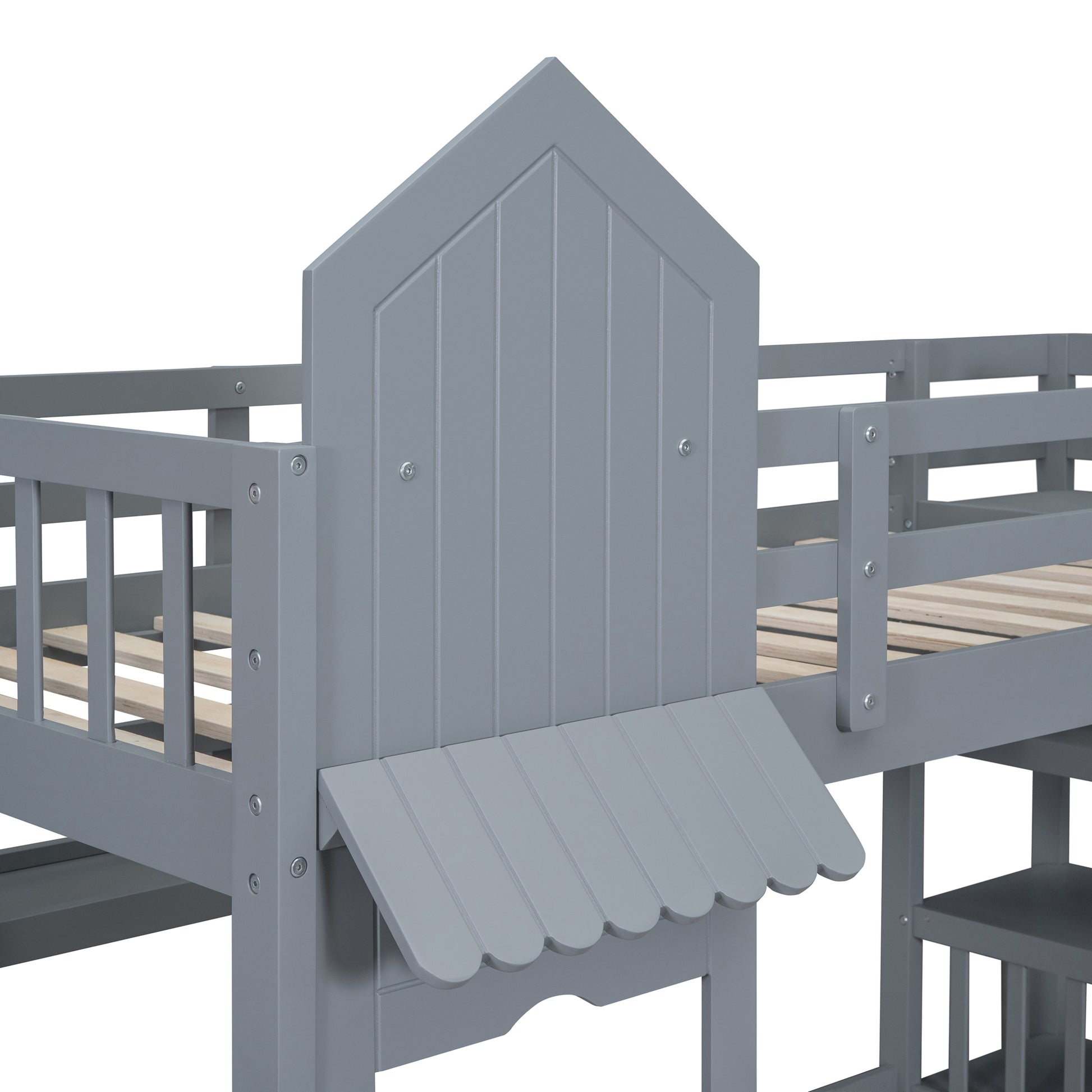 Twin Over Twin Castle Style Bunk Bed With 2 Drawers 3 Shelves And Slide Gray Gray Solid Wood