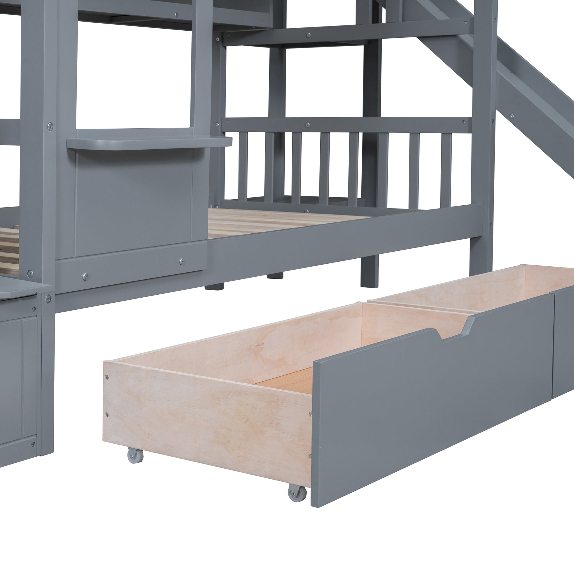 Twin Over Twin Castle Style Bunk Bed With 2 Drawers 3 Shelves And Slide Gray Gray Solid Wood