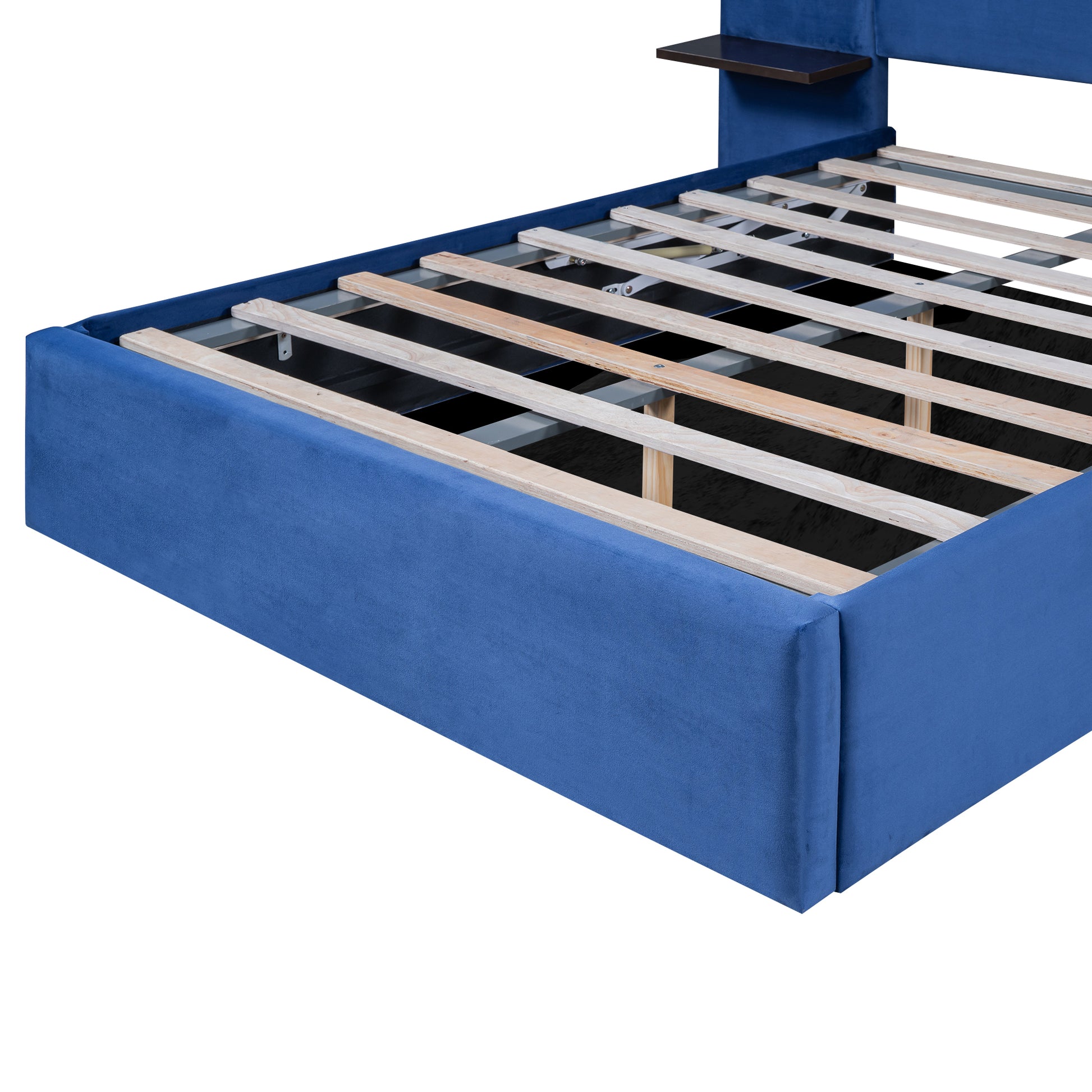 Full Size Storage Upholstered Hydraulic Platform Bed With 2 Shelves, 2 Lights And Usb, Blue Box Spring Not Required Full Blue Wood Bedroom Bed Frame Velvet Upholstered