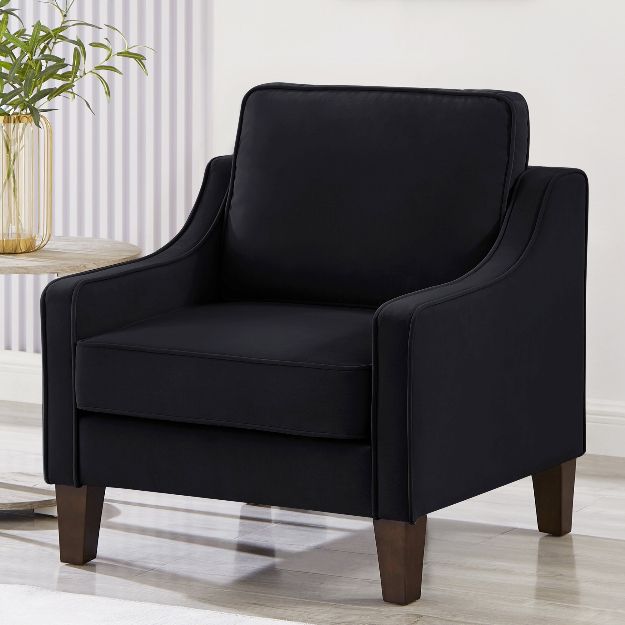 Modern Armchair, Living Room Single Seat Sofa Chair With Wooden Legs, Upholstered Velvet Accent Chair For Living Room, Bedroom,Black Black Espresso Velvet Wood Primary Living Space Medium Soft Cushion Back American Design Rubberwood Square Arms Foam