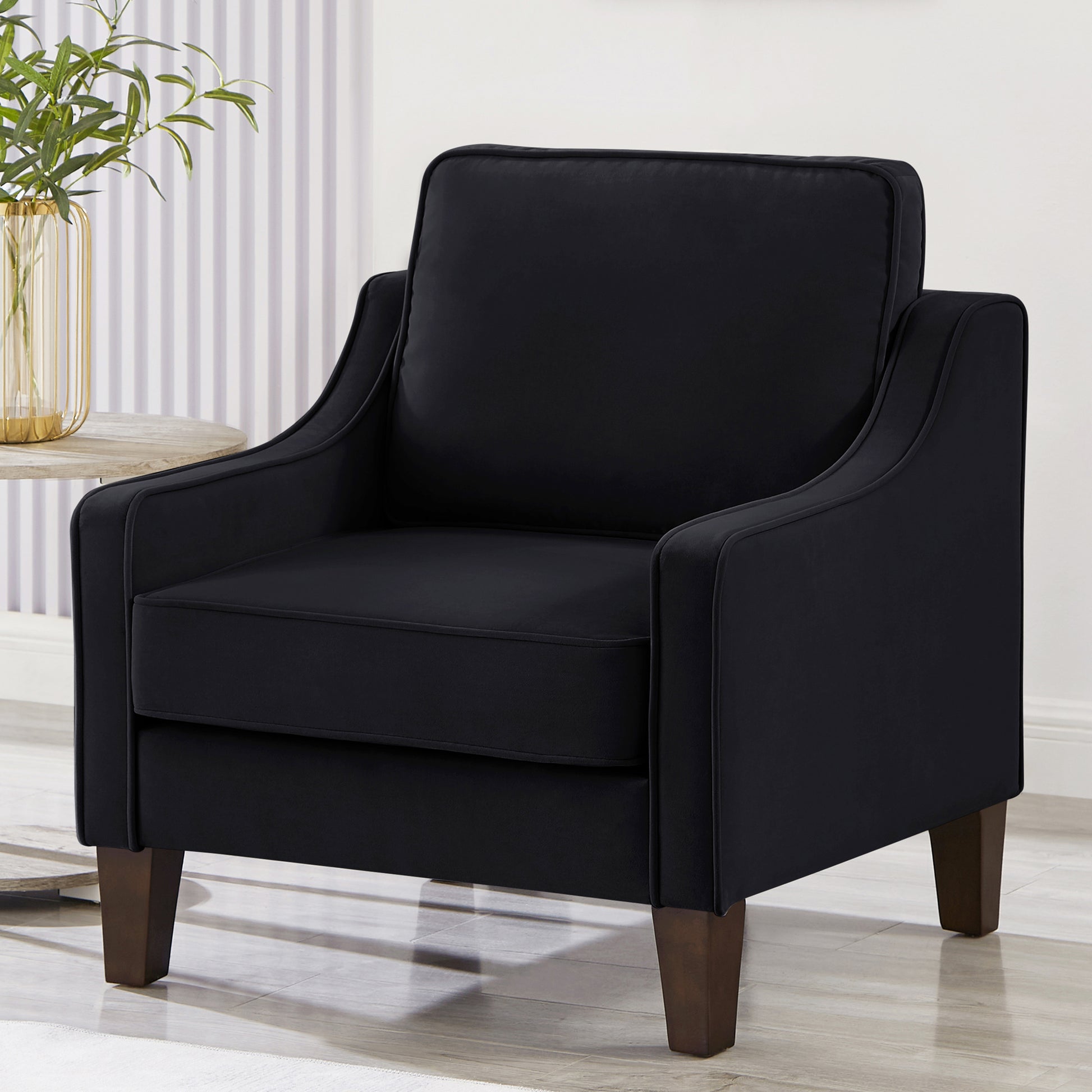Modern Armchair, Living Room Single Seat Sofa Chair With Wooden Legs, Upholstered Velvet Accent Chair For Living Room, Bedroom,Black Black Espresso Velvet Wood Primary Living Space Medium Soft Cushion Back American Design Rubberwood Square Arms Foam