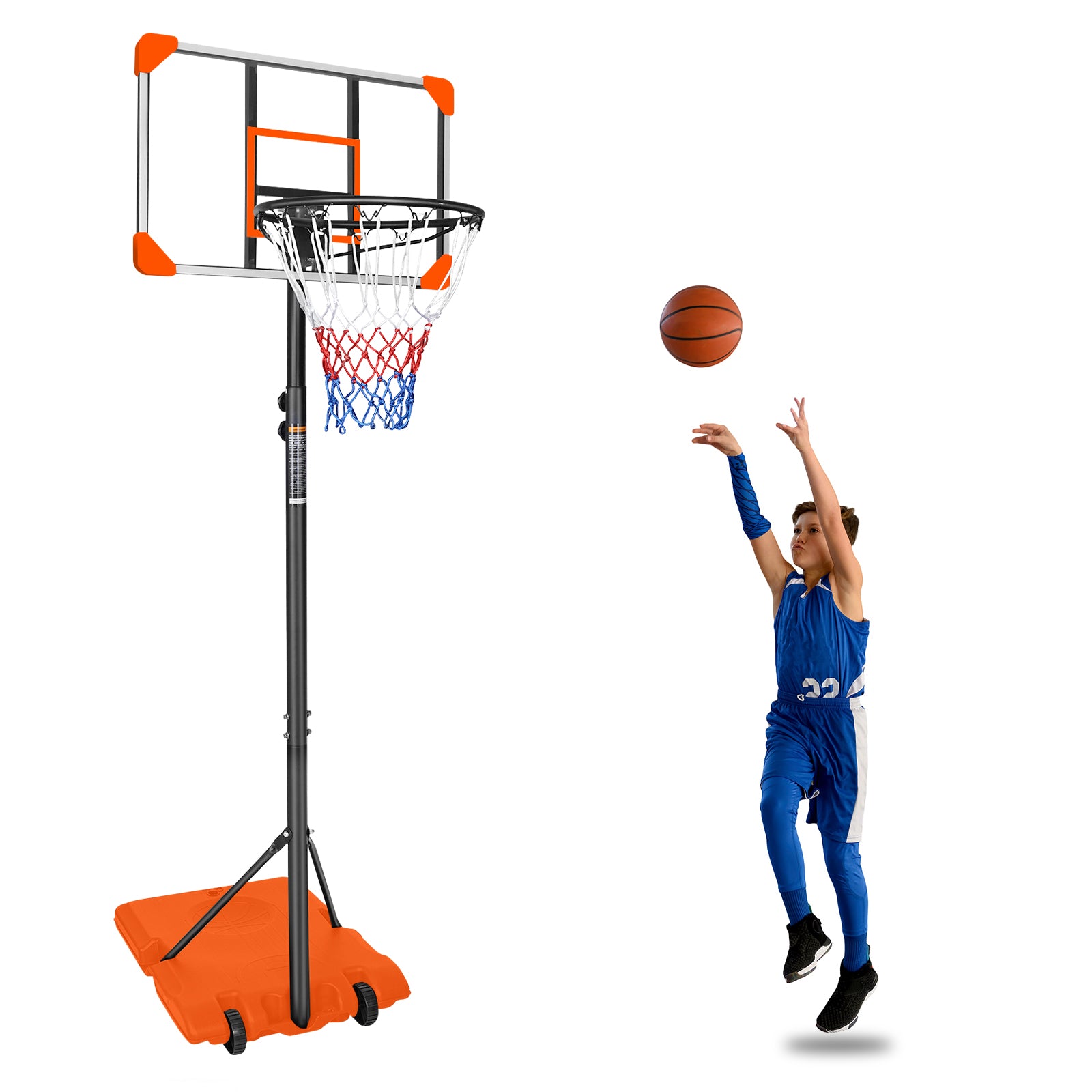 Portable Basketball Goal System With Stable Base And Wheels, Use For Indoor Outdoor Teenagers Youth Height Adjustable 5.6 To 7Ft Basketball Hoop 28 Inch Backboard Orange Sporty Iron