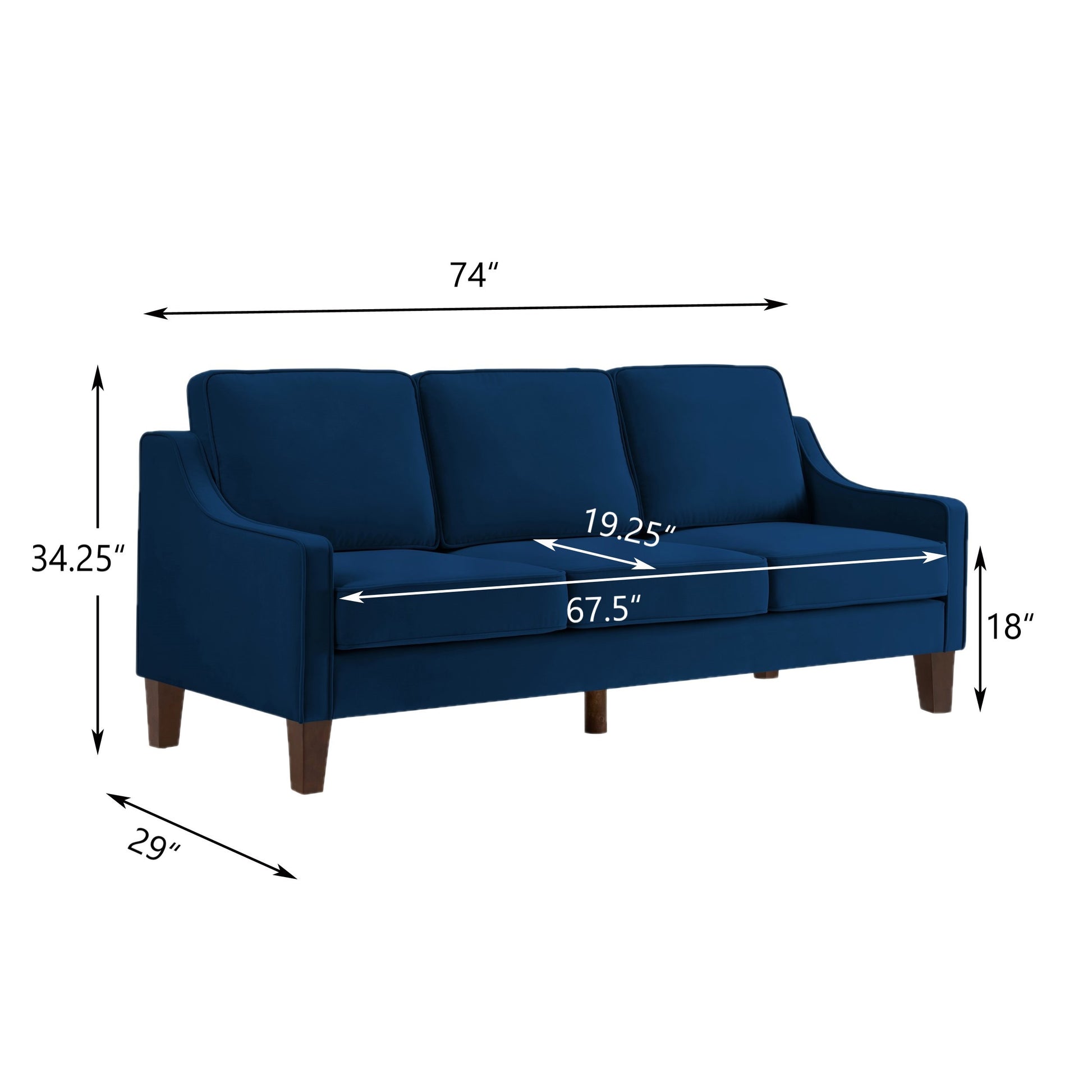 Modern 3 Person Seat Sofa Couch With Scooped Armrest Wood Legs,Upholstered Velvet 3 Seat Sofa With Removable Cushions For Livingrooom Bedroom,Navy Navy Espresso Velvet Wood Primary Living Space Medium Soft Cushion Back American Design Rubberwood Square