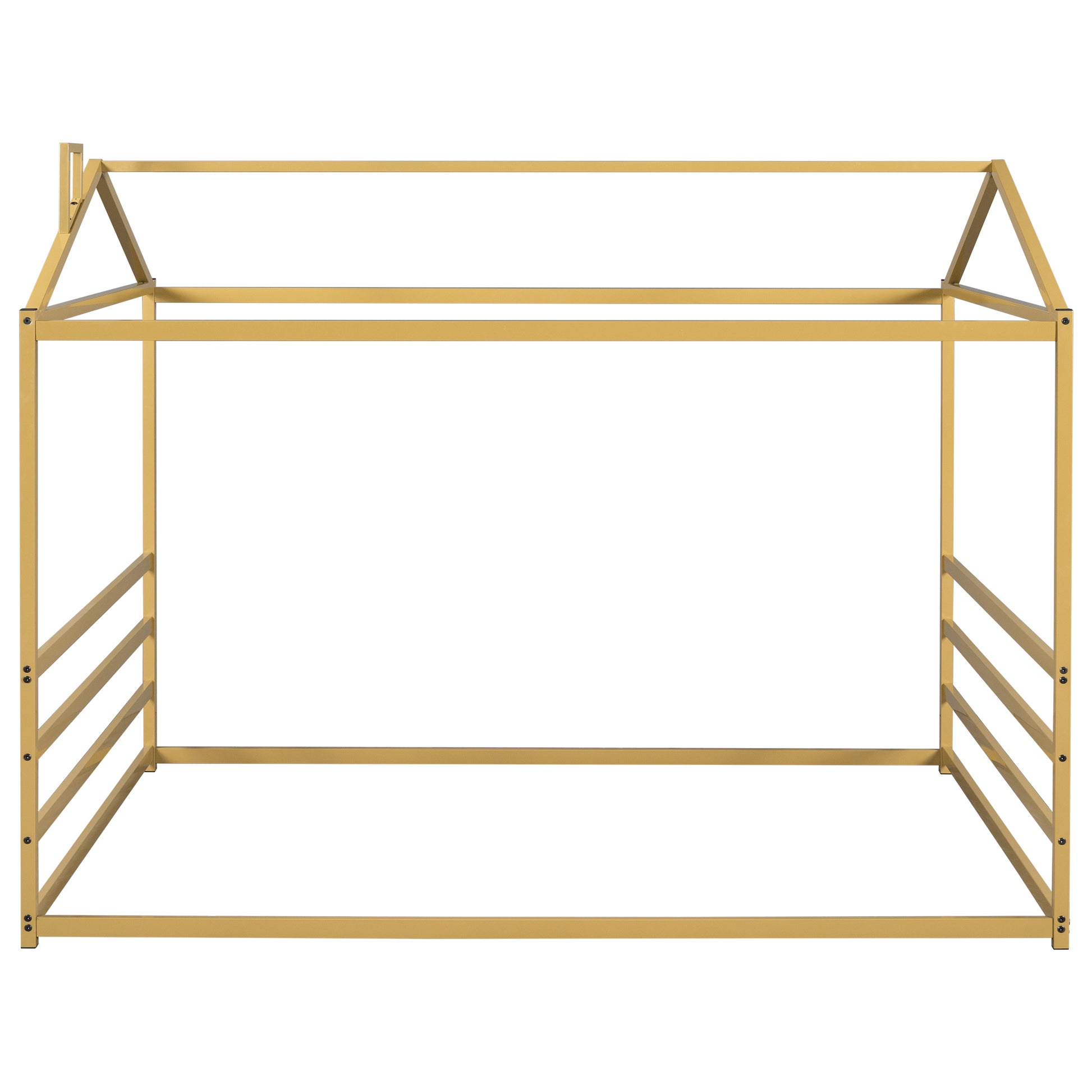 Metal House Shape Platform Bed, Gold, Queen Queen Gold Metal